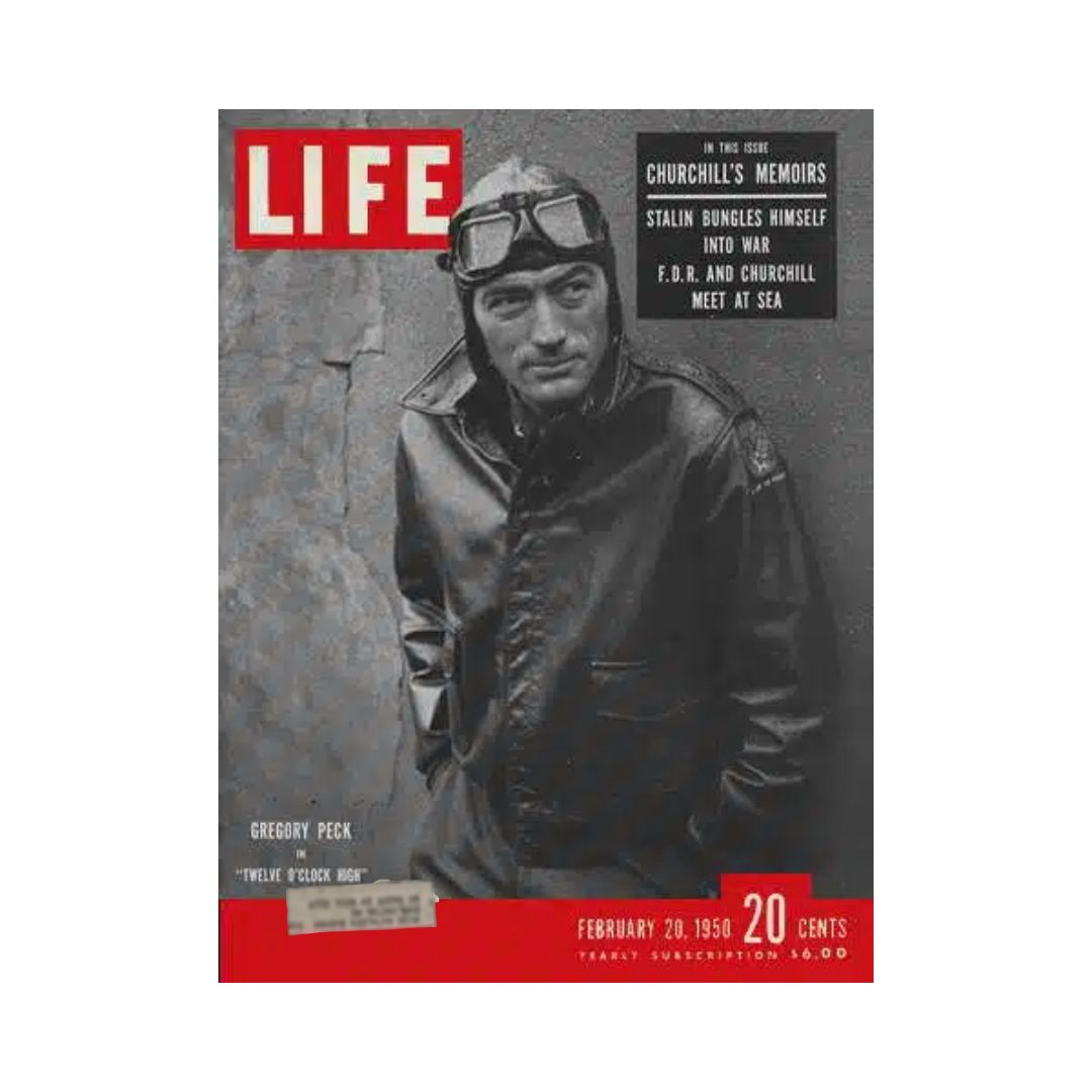VTG Life Magazine February 20, 1950 cover featuring actor Gregory Peck in a leather jacket, highlighting articles on Churchill's memoirs and wartime events.