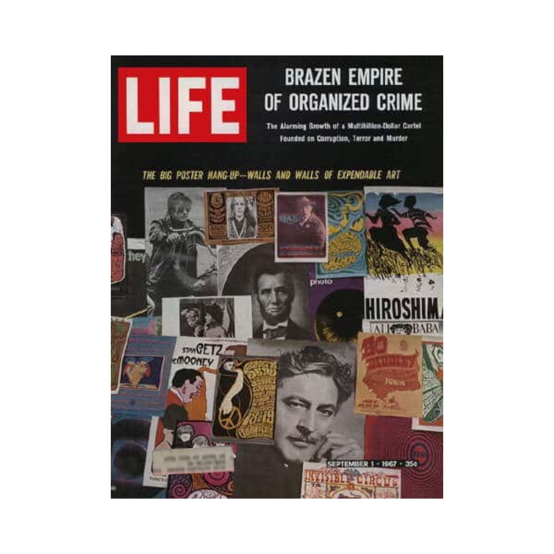 Cover of VTG Life Magazine from September 1, 1967 featuring the title 'Brazen Empire of Organized Crime'. The magazine explores organized crime in America with a collage of imagery including notable figures and cultural references from the 1960s.