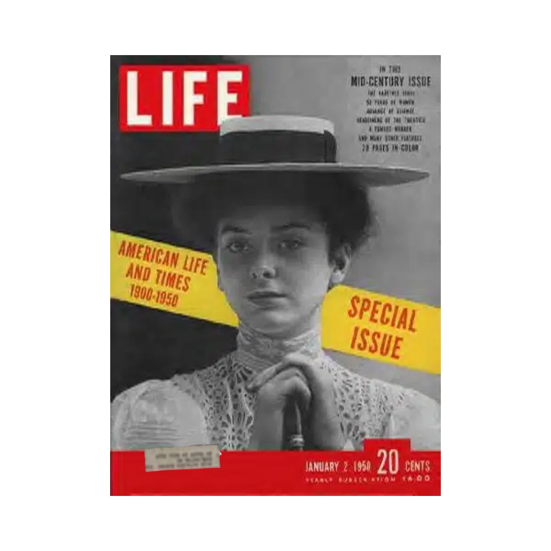 Cover of VTG Life Magazine January 2, 1950 Midcentury Special Issue featuring a historical photograph of a woman in a lace blouse and hat, with text highlighting American life and times from 1900-1950.