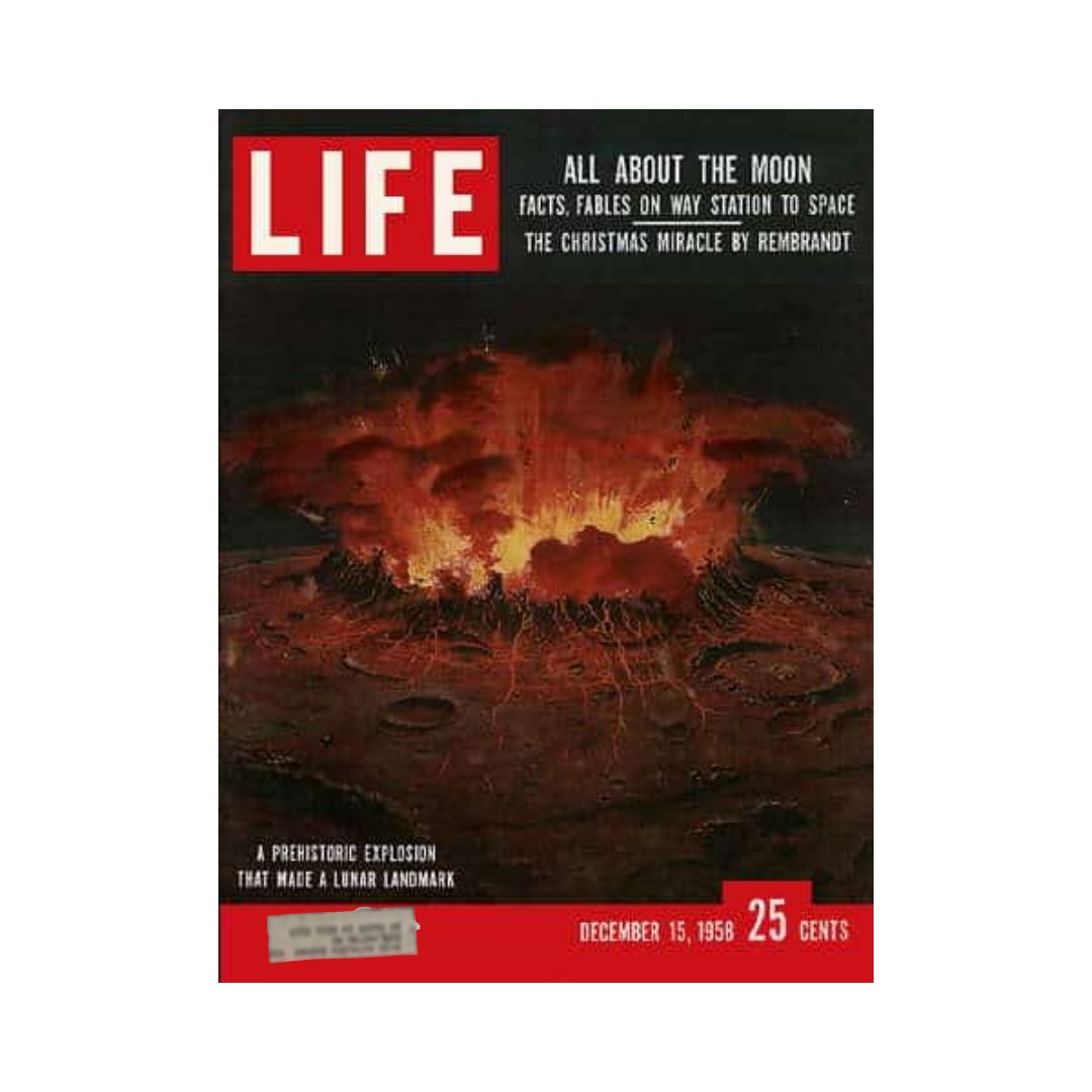 Cover of VTG Life Magazine December 15, 1958 featuring a dramatic depiction of a lunar explosion under the title 'ALL ABOUT THE MOON'. This issue explores themes of Moon Fact and Fantasy and space exploration.