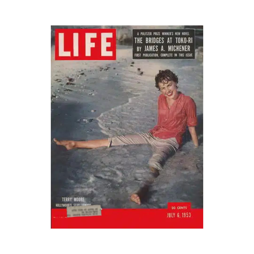 VTG Life Magazine July 6, 1953 featuring Terry Moore, showcasing a vintage cover image with the actress in a beach setting, highlighting the Pulitzer Prize-winning novel 'The Bridges at Toko-Ri' by James A. Michener.