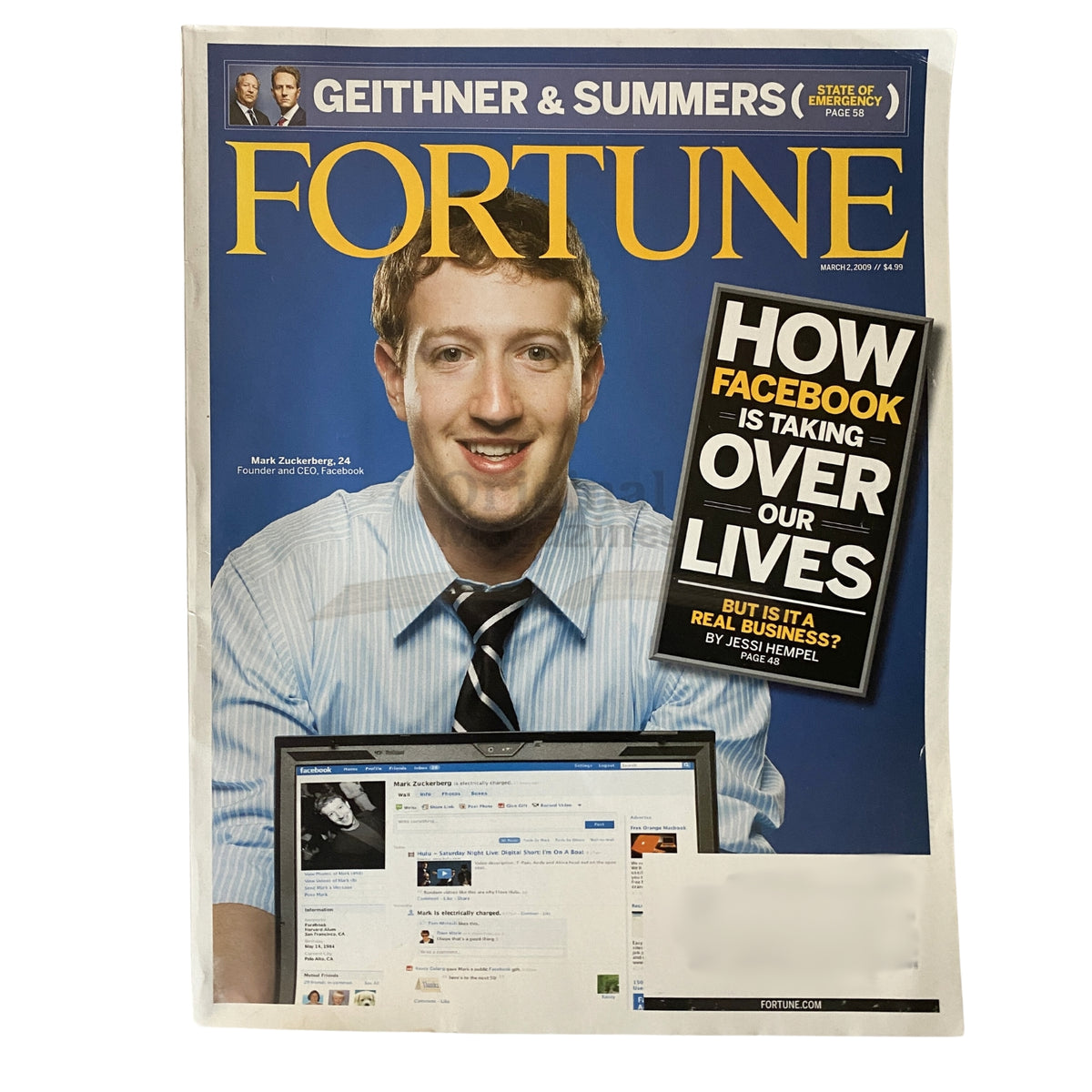 Cover of Fortune Magazine March 2, 2009 featuring Mark Zuckerberg, Founder and CEO of Facebook, with the headline 'How Facebook Is Taking Over Our Lives'.