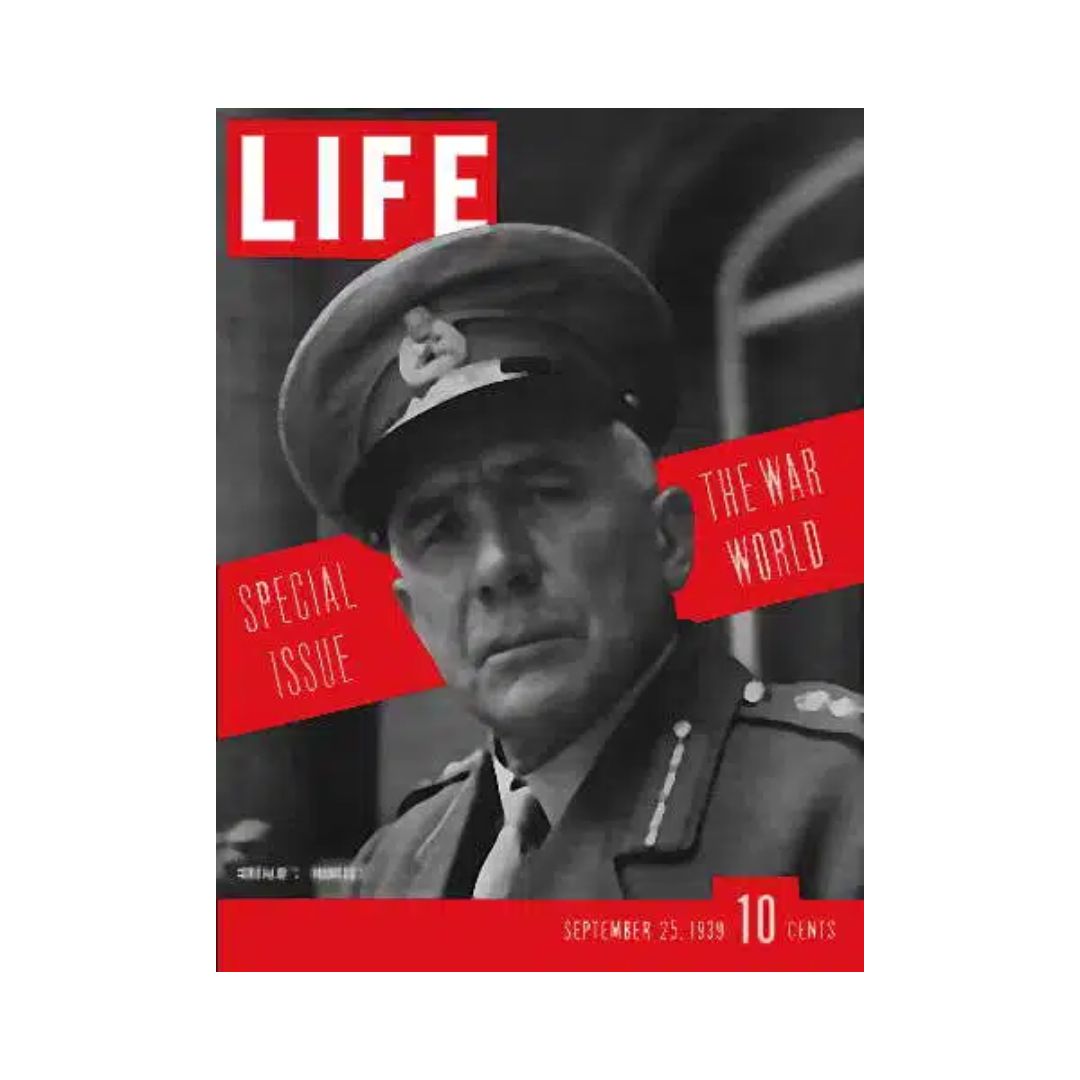 VTG Life Magazine Cover - September 25, 1939 featuring Britain's General Ironside during WWII with the title 'SPECIAL ISSUE THE WAR WORLD'.