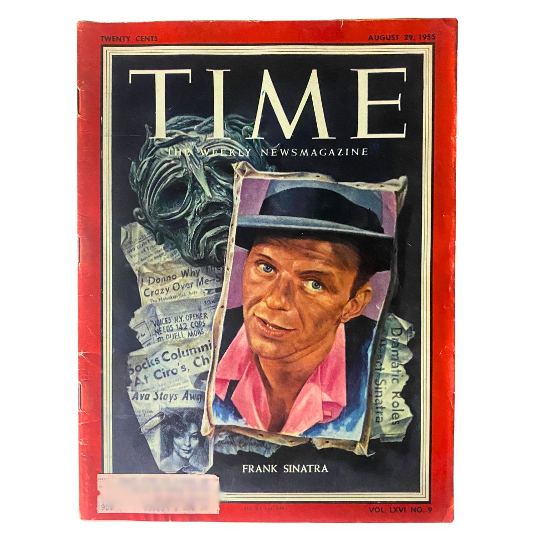 Cover of VTG Time Magazine August 29, 1955, Vol 61 No. 9 featuring Frank Sinatra, showcasing a vintage illustration and headline.