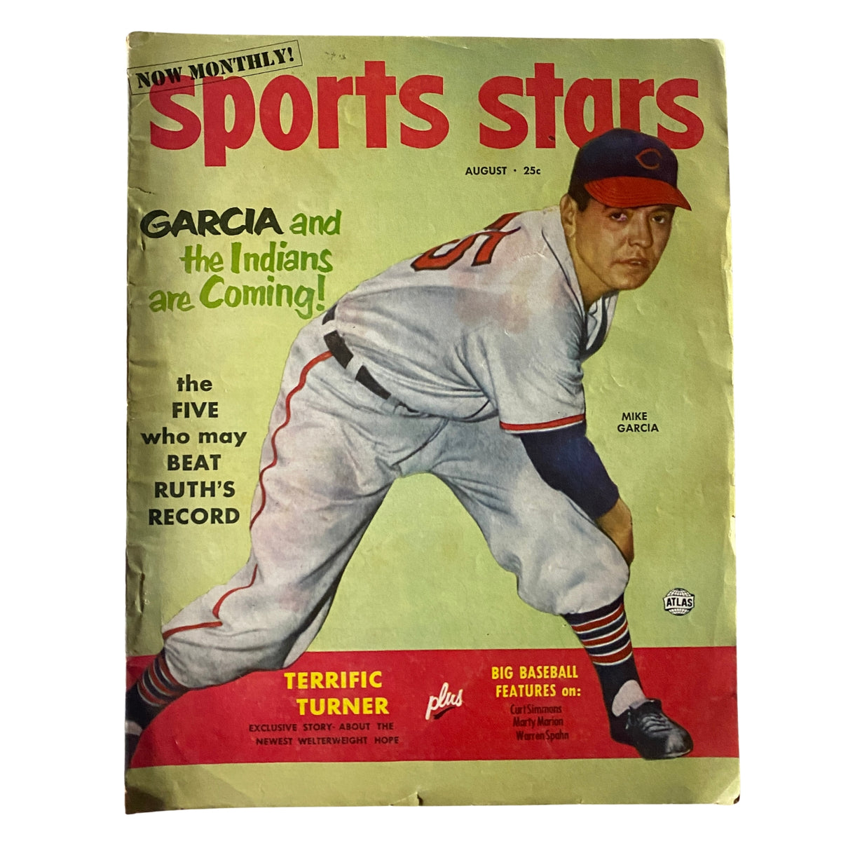 Cover of 'Sports Stars Magazine' August 1952 featuring Mike Garcia, showcasing the headline 'Garcia and the Indians are Coming!' Includes a striking image of Garcia in baseball attire.