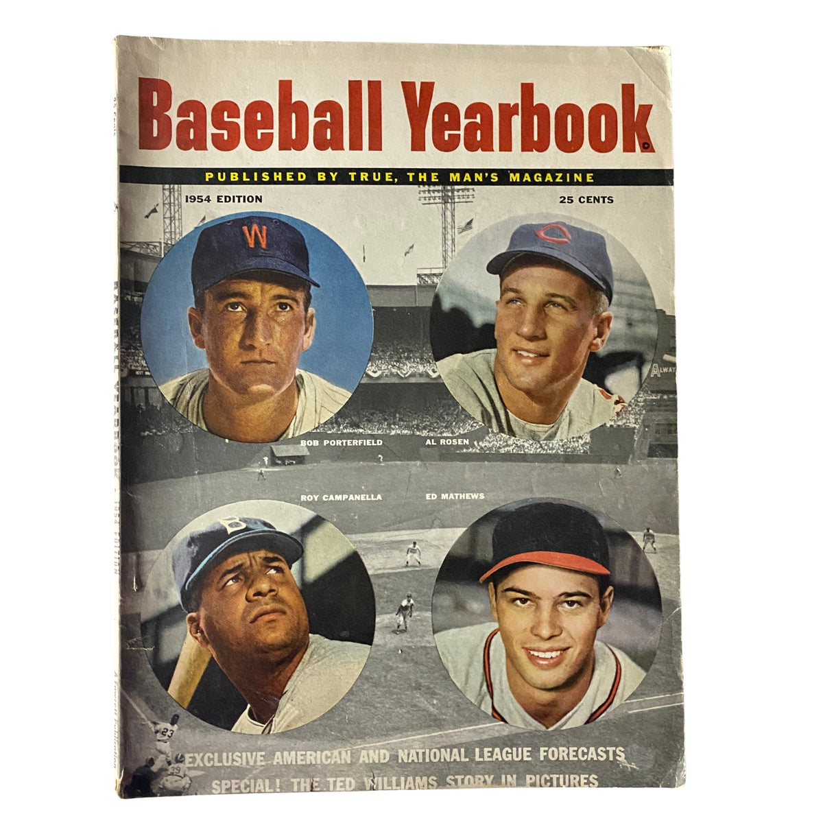 1954 Edition Baseball Yearbook cover featuring Bob Porterfield, Al Rosen, Ed Matthews, and Roy Campanella, published by True, The Man's Magazine. This vintage magazine highlights key players and baseball history.