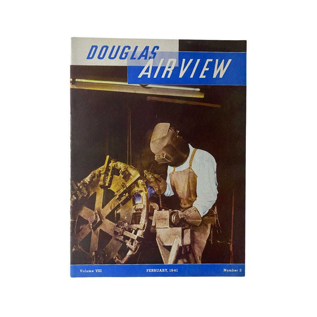 Cover of Douglas Airview Magazine February 1941 featuring a worker in protective gear engaged in aviation work, highlighting Canadian Colonial Airways.