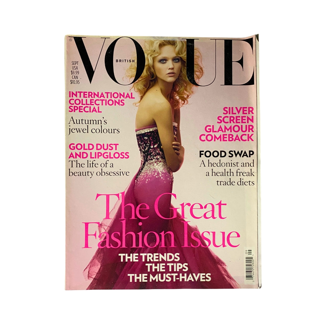 Vogue UK Magazine September 2007 Sasha Pivovarova Cover featuring a model in a pink gown, advertised as the Great Fashion Issue with headlines about fashion trends, autumn colors, and a glamour comeback.