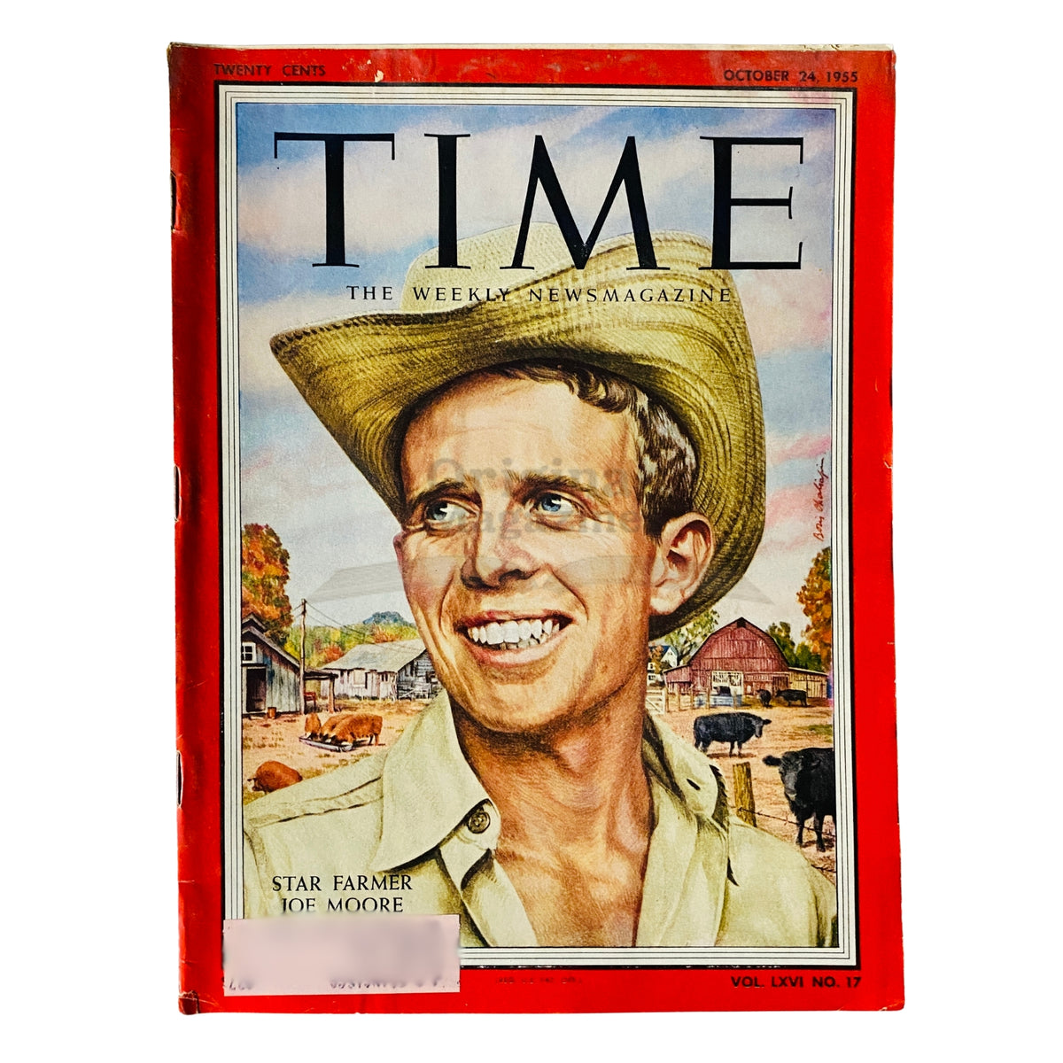 Cover of Time Magazine from October 24, 1955, Vol 66 No. 17 featuring Star Farmer Joe Moore, showcasing a smiling Joe Moore in a cowboy hat against a rural backdrop.