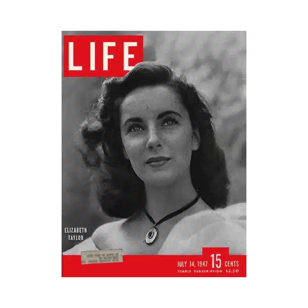 Vintage Life Magazine cover from July 14, 1947 featuring Elizabeth Taylor, an iconic British-American actress, showcasing the glamour of Hollywood during the golden age of cinema.
