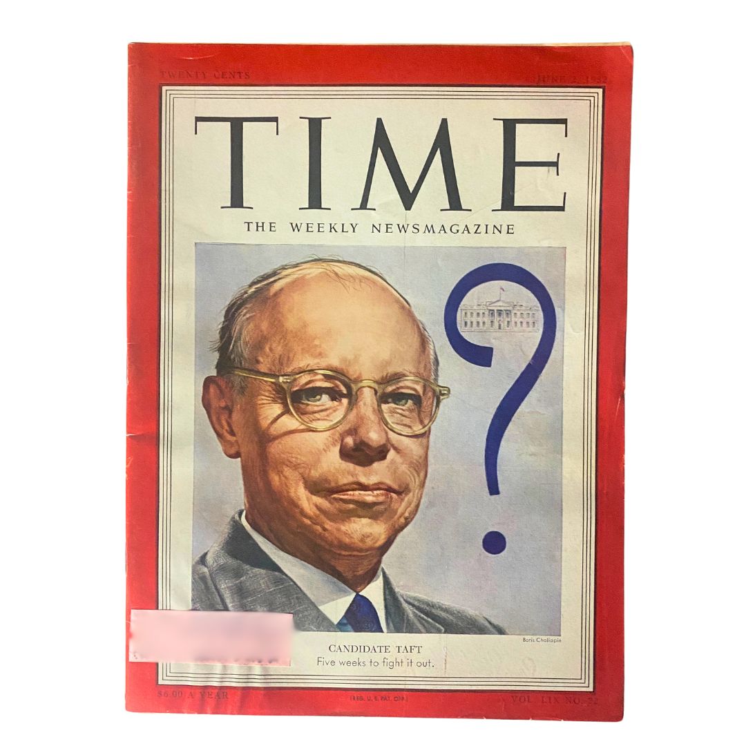 Cover of VTG Time Magazine June 2, 1952, featuring presidential candidate Robert A. Taft, with the text "Candidate Taft" and a question mark overlay.