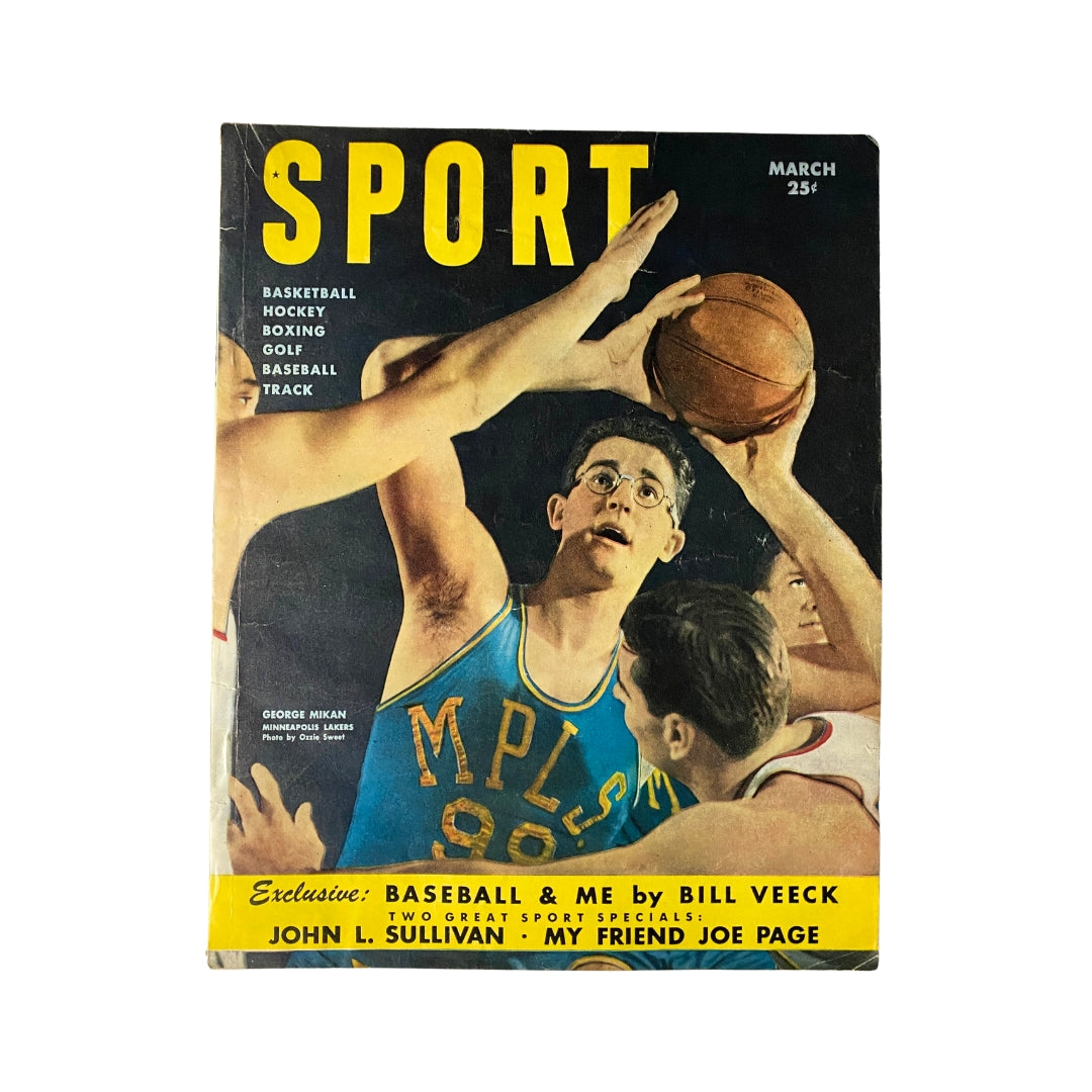 Sport Magazine March 1950 featuring George Mikan on the cover, showcasing basketball and sports themes.