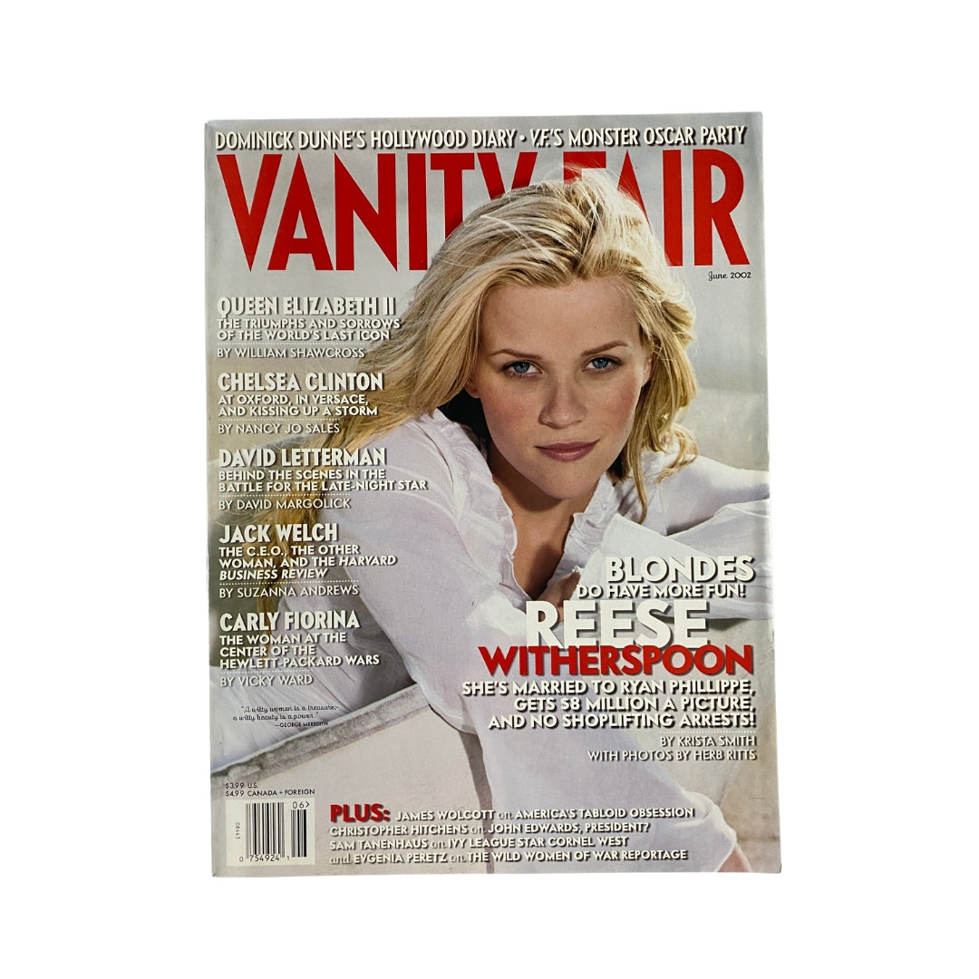 Vanity Fair Magazine June 2002 cover featuring Reese Witherspoon with a captivating pose and striking expression, highlighting her charm and style.