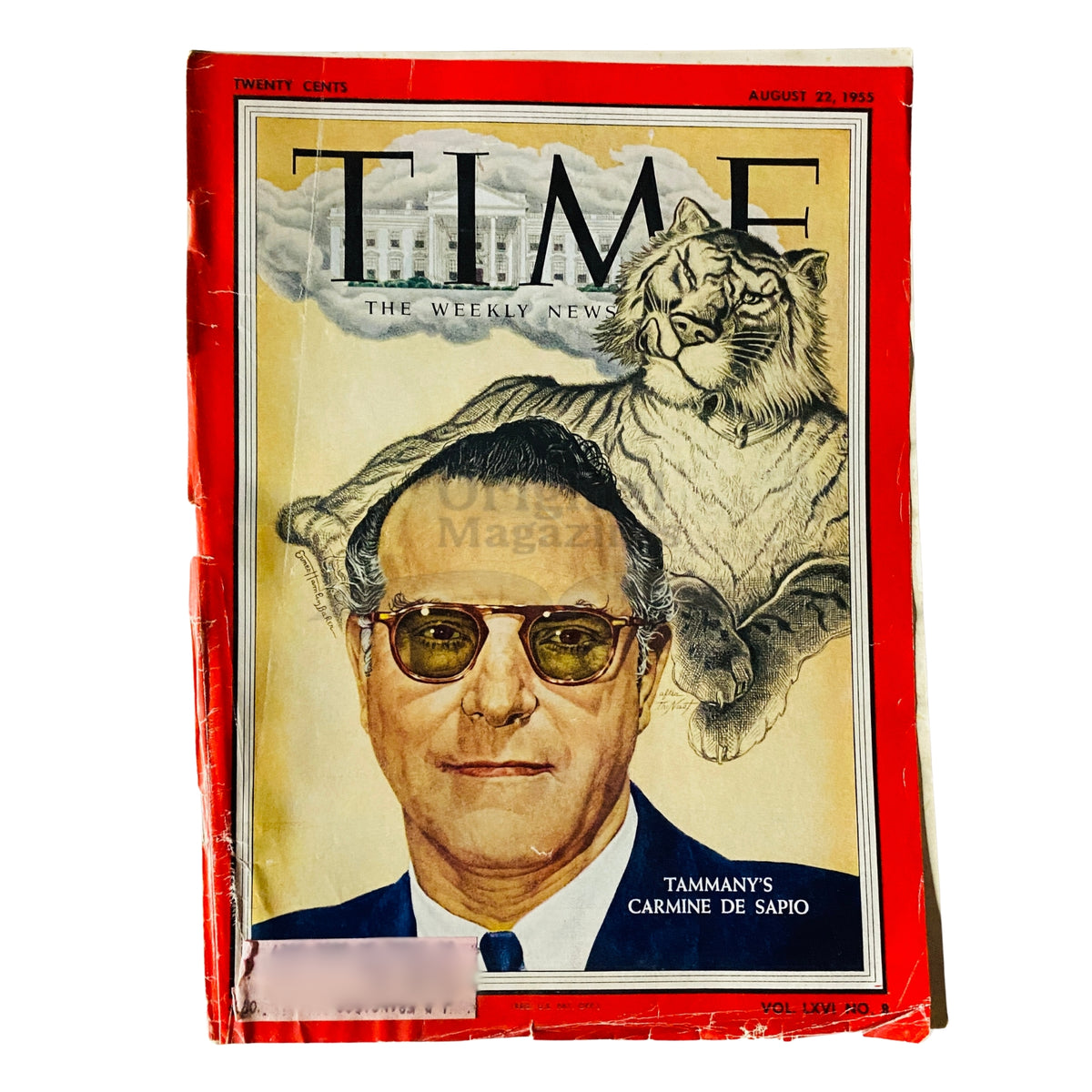 Cover of Time Magazine August 22, 1955, Vol 66 No. 8 featuring Tammany's Carmine de Sapio, with a portrait of de Sapio and a depiction of a tiger in the background.