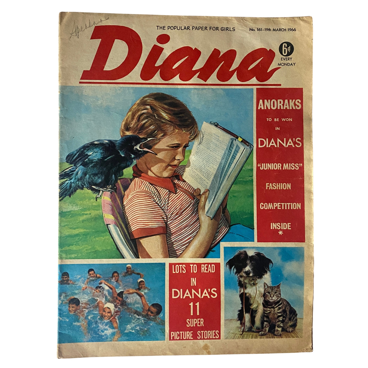 Cover of 'Diana Super Picture Stories March 1966' showing a girl reading with a crow, showcasing vintage comic art and cultural elements from mid-20th century British magazines.