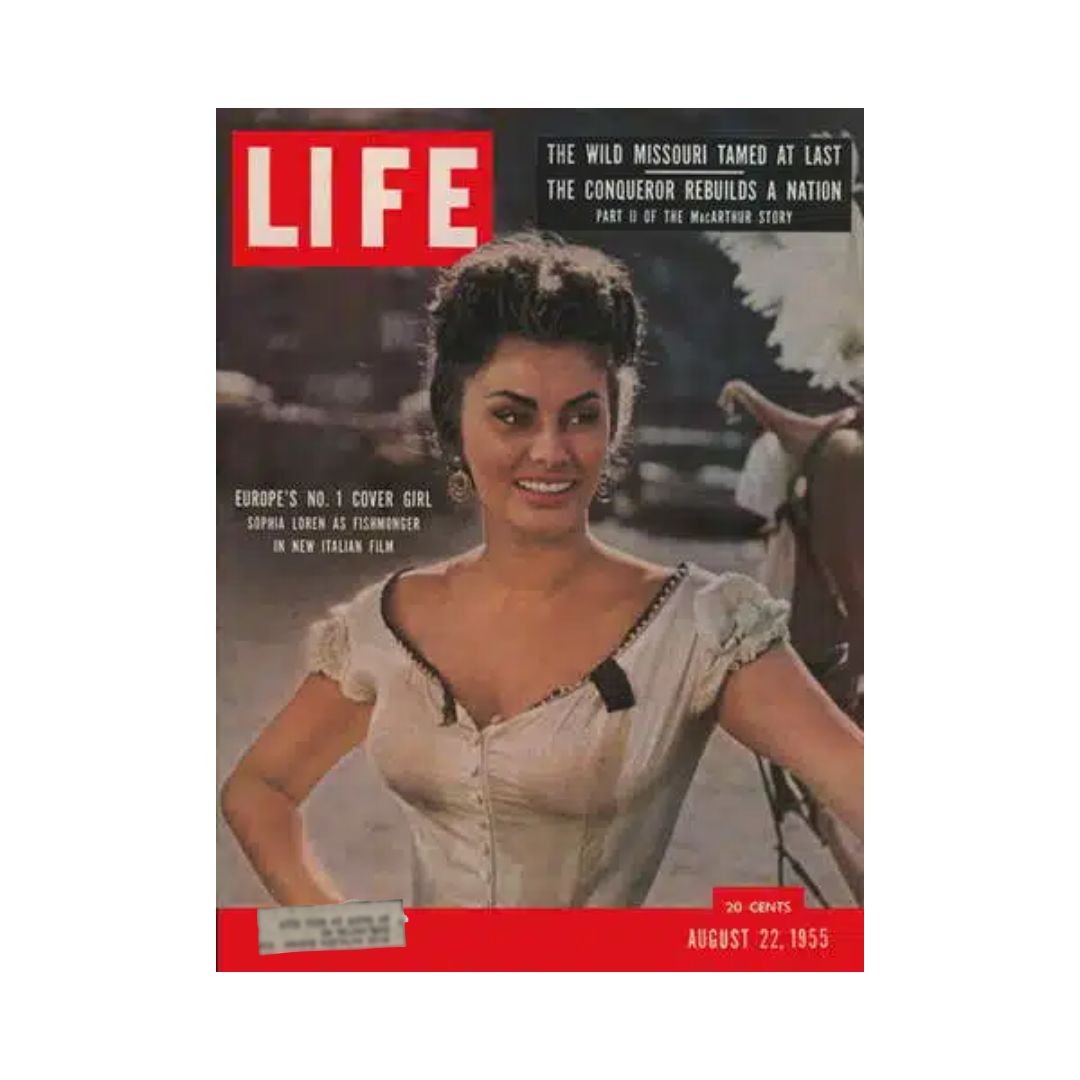 Cover of Life Magazine from August 22, 1955, featuring Sophia Loren, known as Europe's number one cover girl, highlighting her role in a new Italian film.