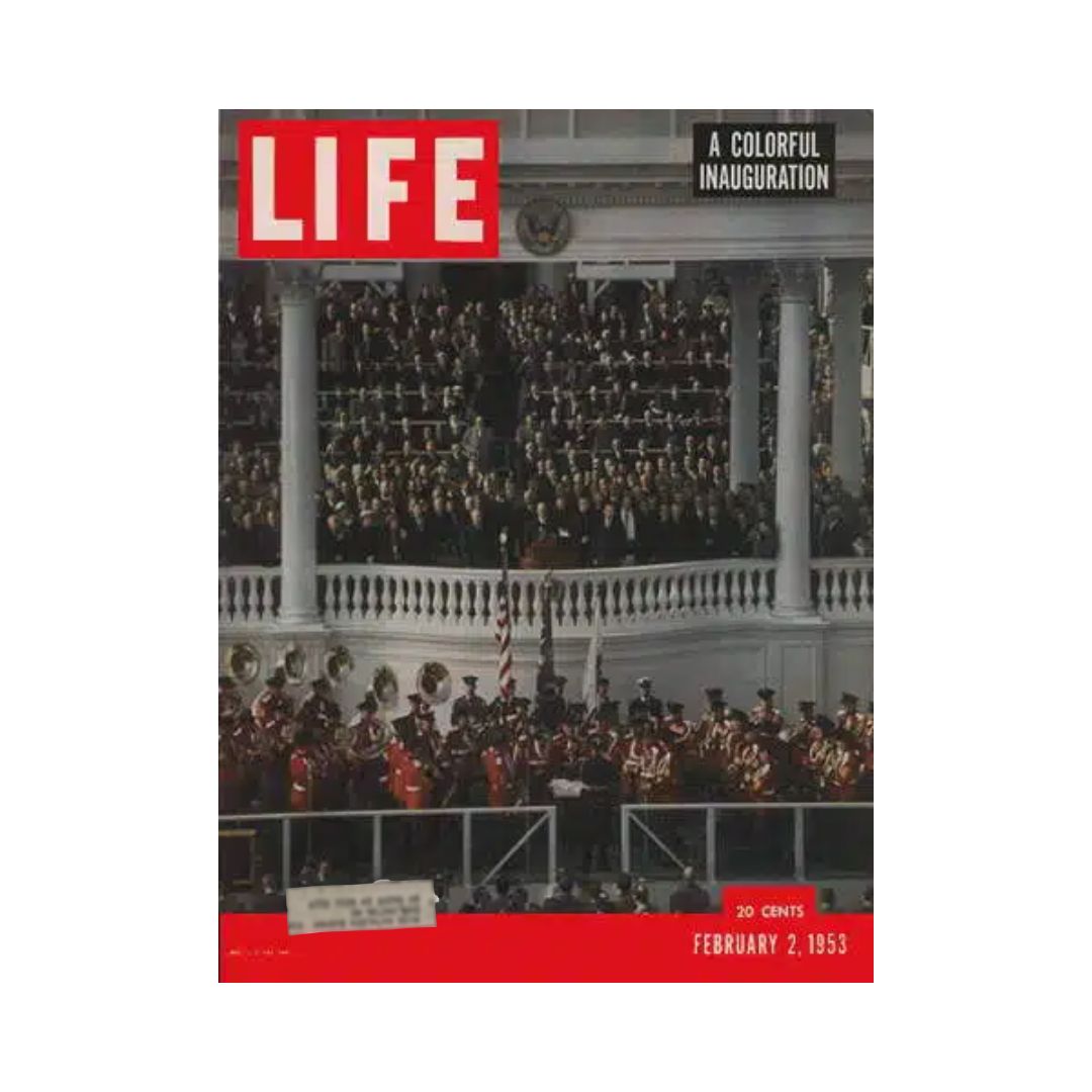 VTG Life Magazine February 2, 1953 cover featuring the inauguration ceremony of Dwight Eisenhower, showcasing a historical gathering with attendees and military personnel.