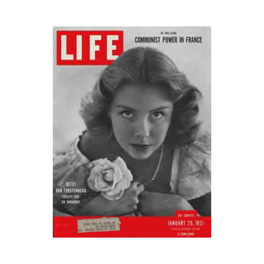 Cover of the January 29, 1951 issue of Life Magazine featuring Betsy von Furstenburg, a Broadway star, holding a rose.