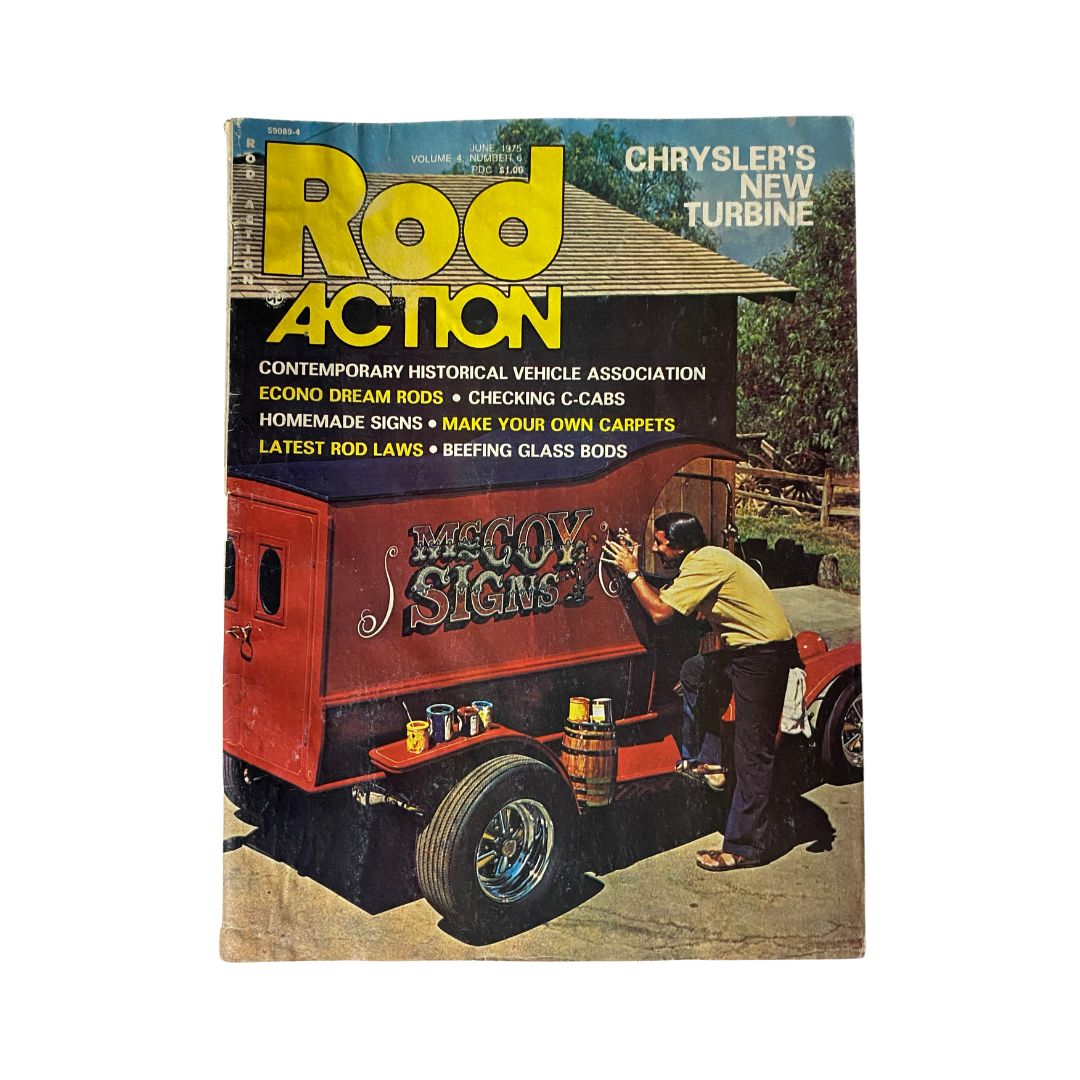 VTG Rod Action Magazine from June 1975 featuring a man working on a sign for McCoy Signs, showcasing fishing culture and vintage automotive hobbies.