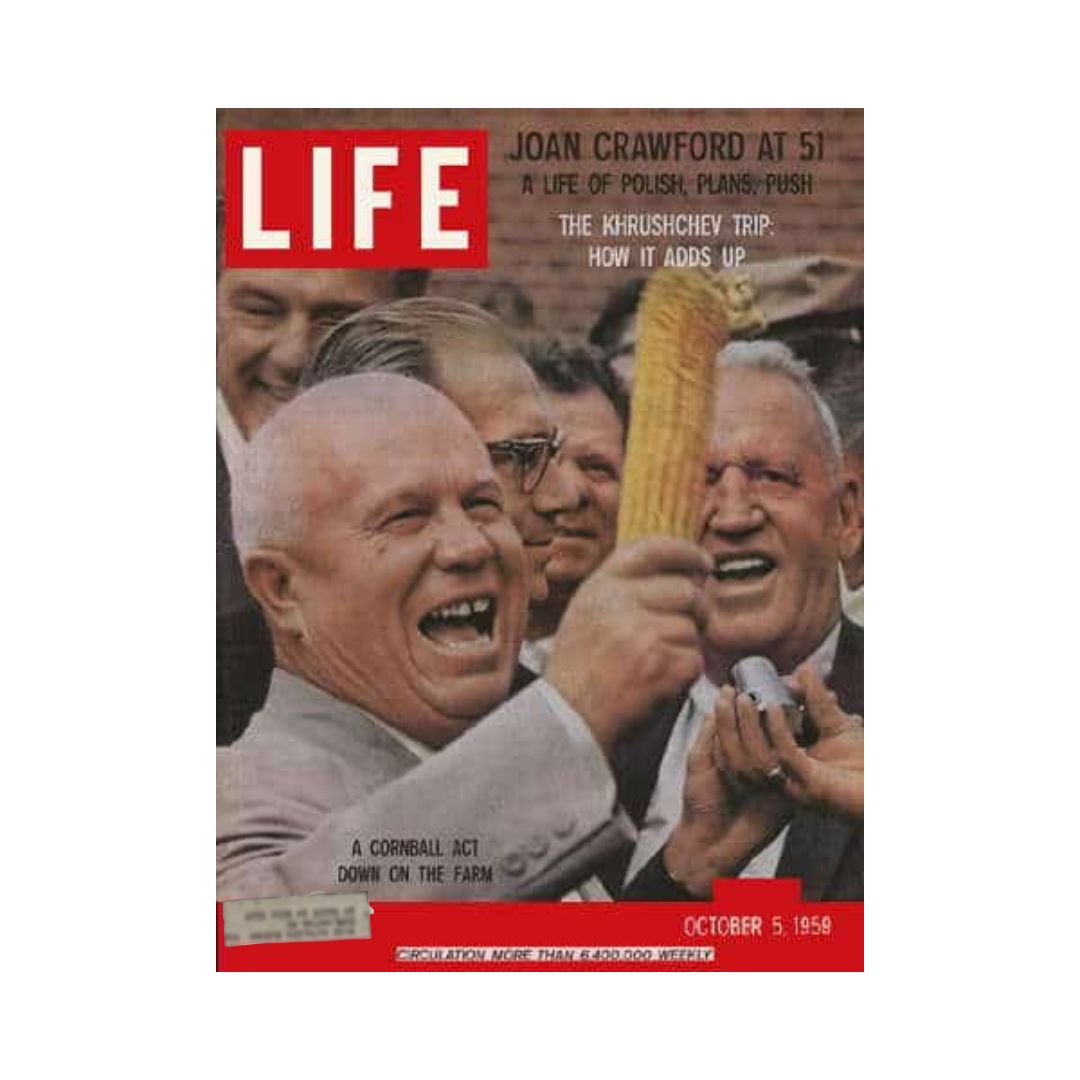 VTG Life Magazine October 5, 1959 featuring Nikita Khrushchev visiting the U.S., showcasing a vibrant cover with Khrushchev laughing and engaging during his historical trip.