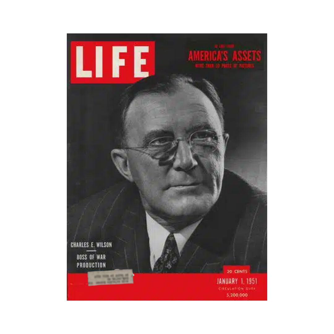 VTG Life Magazine January 1, 1951 cover featuring Charles E. Wilson, showcasing discussions on America's assets and wartime production.