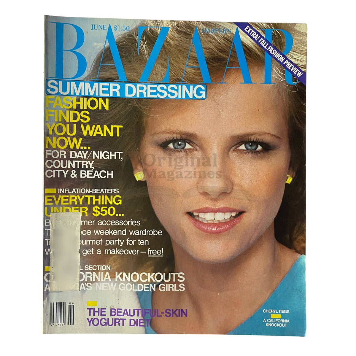 Harper's Bazaar Magazine June 1980 featuring a beautiful model with blue eyes on the cover. The cover highlights summer fashion trends, promising finds for day, night, country, city, and beach.