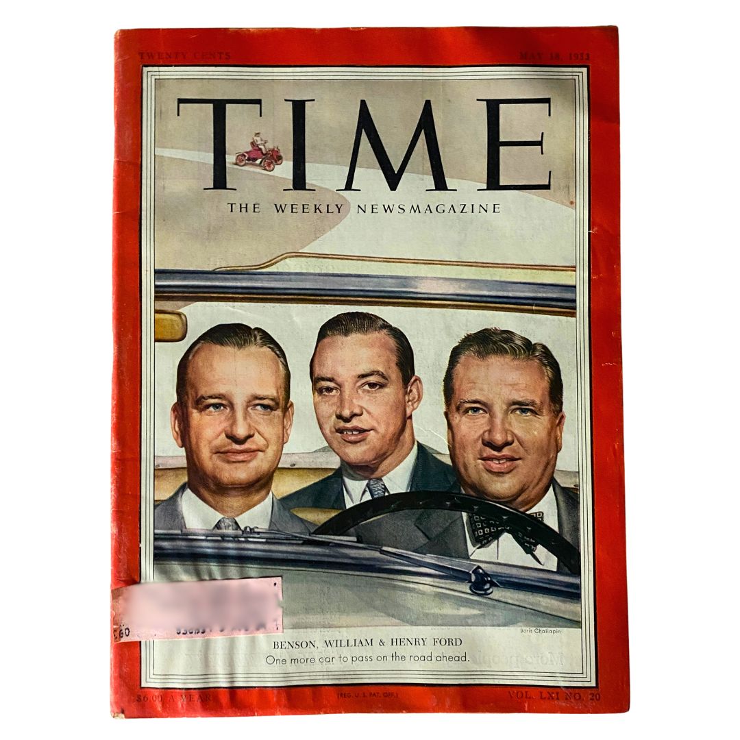 Cover of VTG Time Magazine May 18, 1953 featuring William Ford, Benson Ford, and Henry Ford, showcasing an iconic moment in the automotive industry.