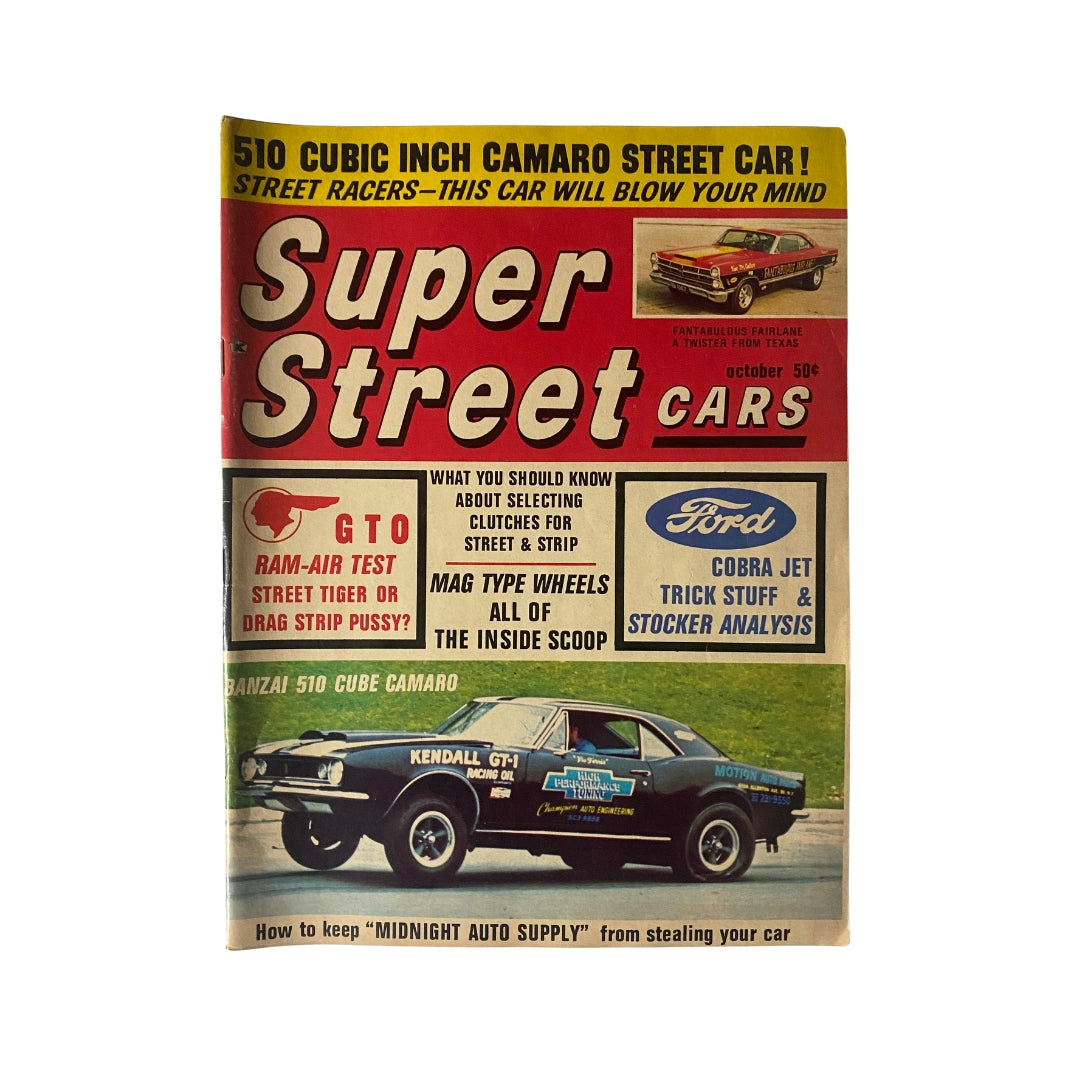 Cover of Super Street Cars Magazine October 1968 featuring Banzai 510 Cube Camaro and GTO Ram-Air Test, showcasing vintage street racing culture and automobiles.