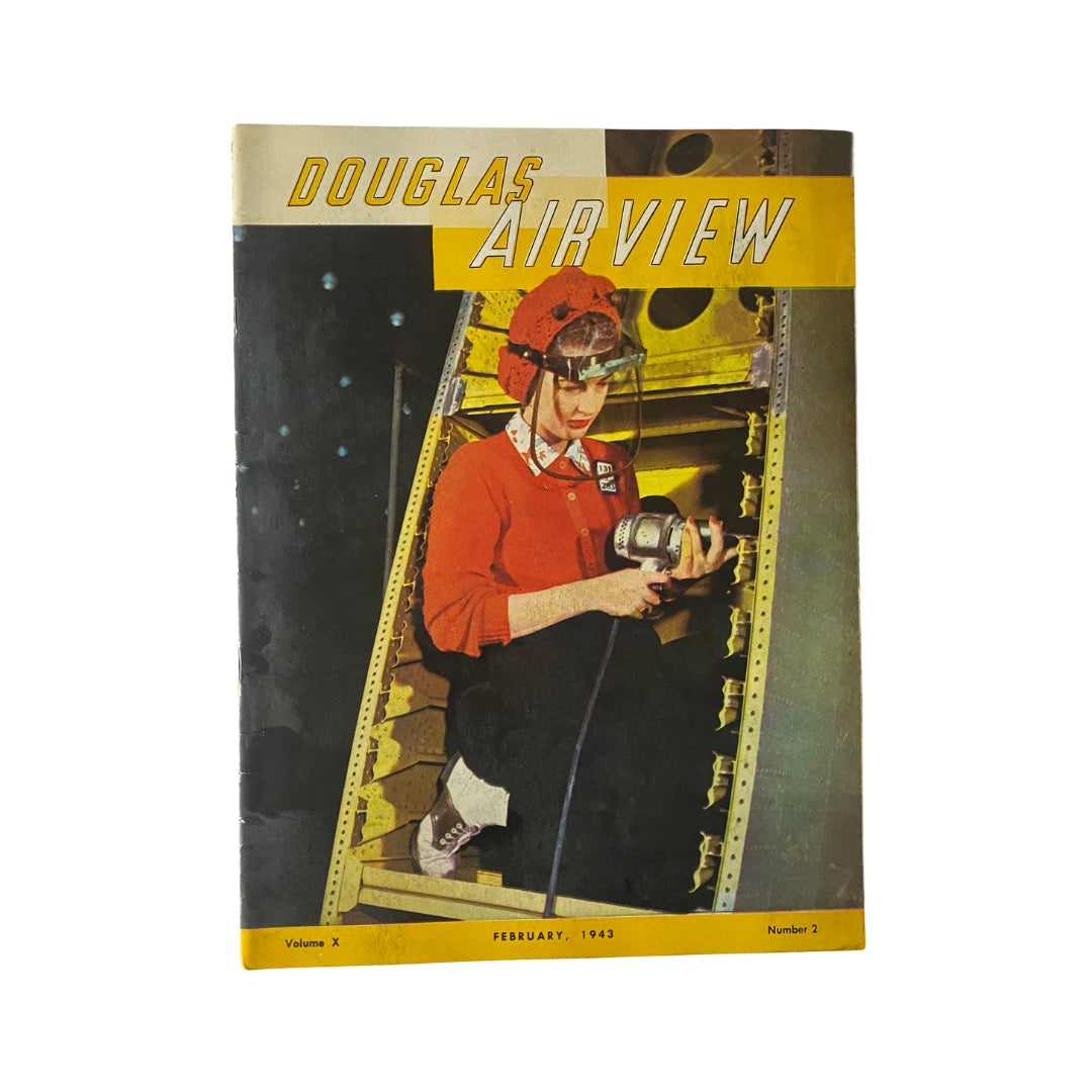 Cover of Douglas Airview Magazine February 1943, featuring a woman in a red shirt working with tools in an aircraft manufacturing setting, titled 'Winged Commandos'. This vintage magazine illustrates the advancements in aviation during World War II.