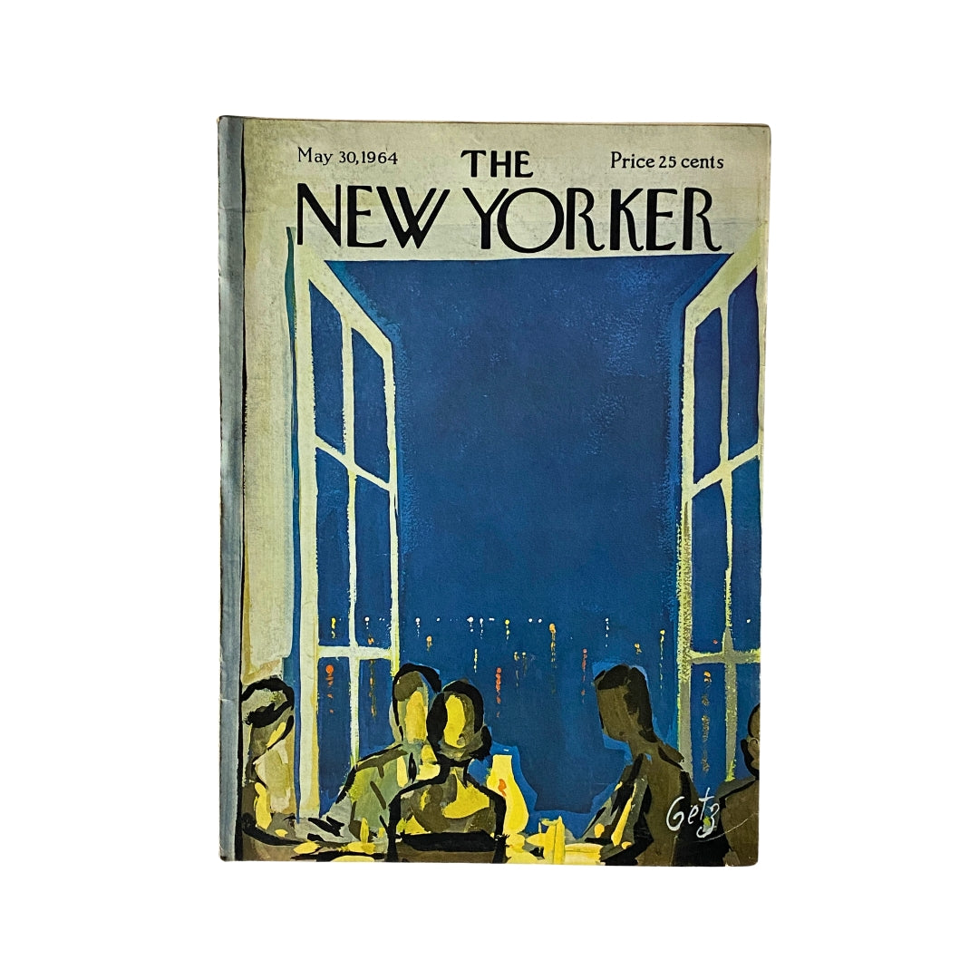 The New Yorker Complete Magazine May 30, 1964 featuring a cover illustration by Arthur Getz, showcasing a night scene with figures at a table and a blue backdrop.