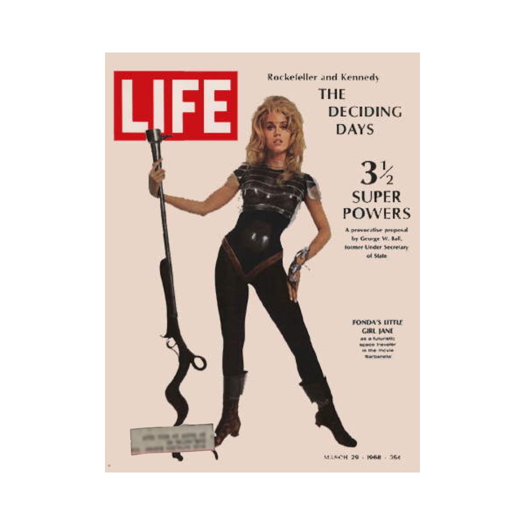 Vintage Life Magazine cover from March 29, 1968, featuring Jane Fonda as Barbarella, showcasing her iconic role with a futuristic theme and artistic depiction.