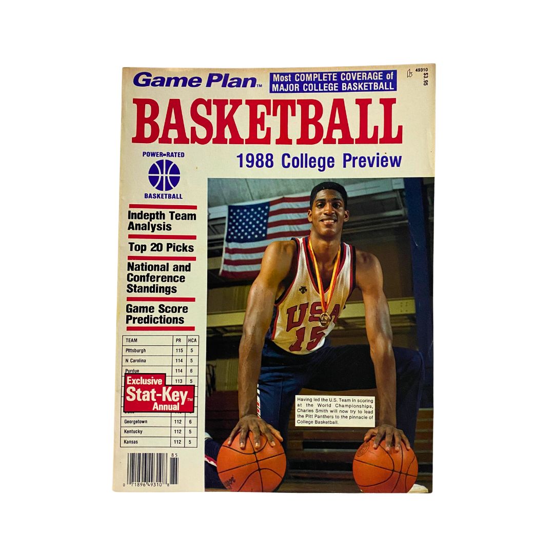 1988 Game Plan College Basketball Magazine featuring Charles Smith on the cover, showcasing insights into NCAA basketball with a background of an American flag and basketballs.