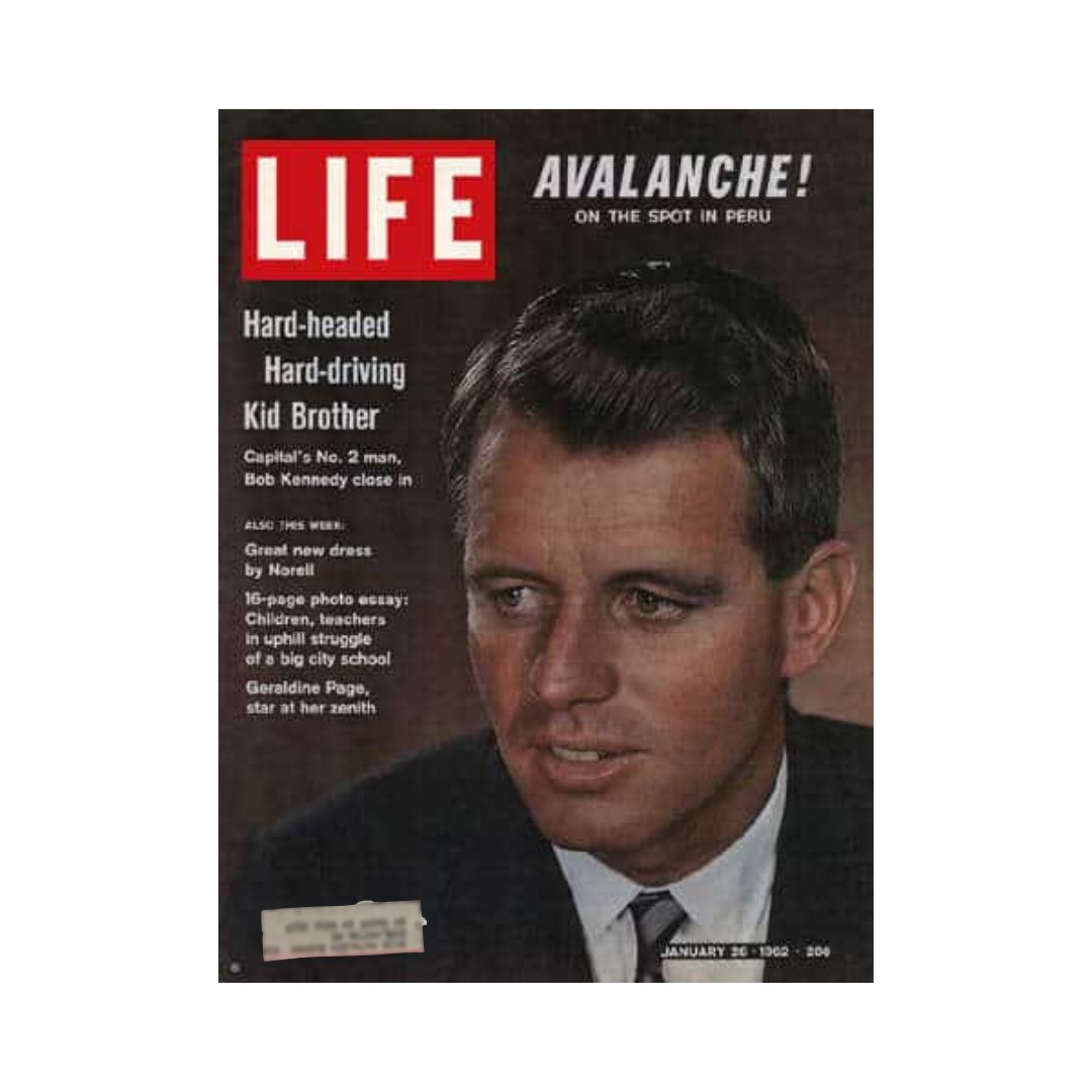 Cover of VTG Life Magazine, January 26, 1962, featuring Robert F. Kennedy. The magazine showcases headlines including 'Avalanche! on the Spot in Peru' and 'Hard-headed Hard-driving Kid Brother', highlighting Kennedy's role as a key political figure.