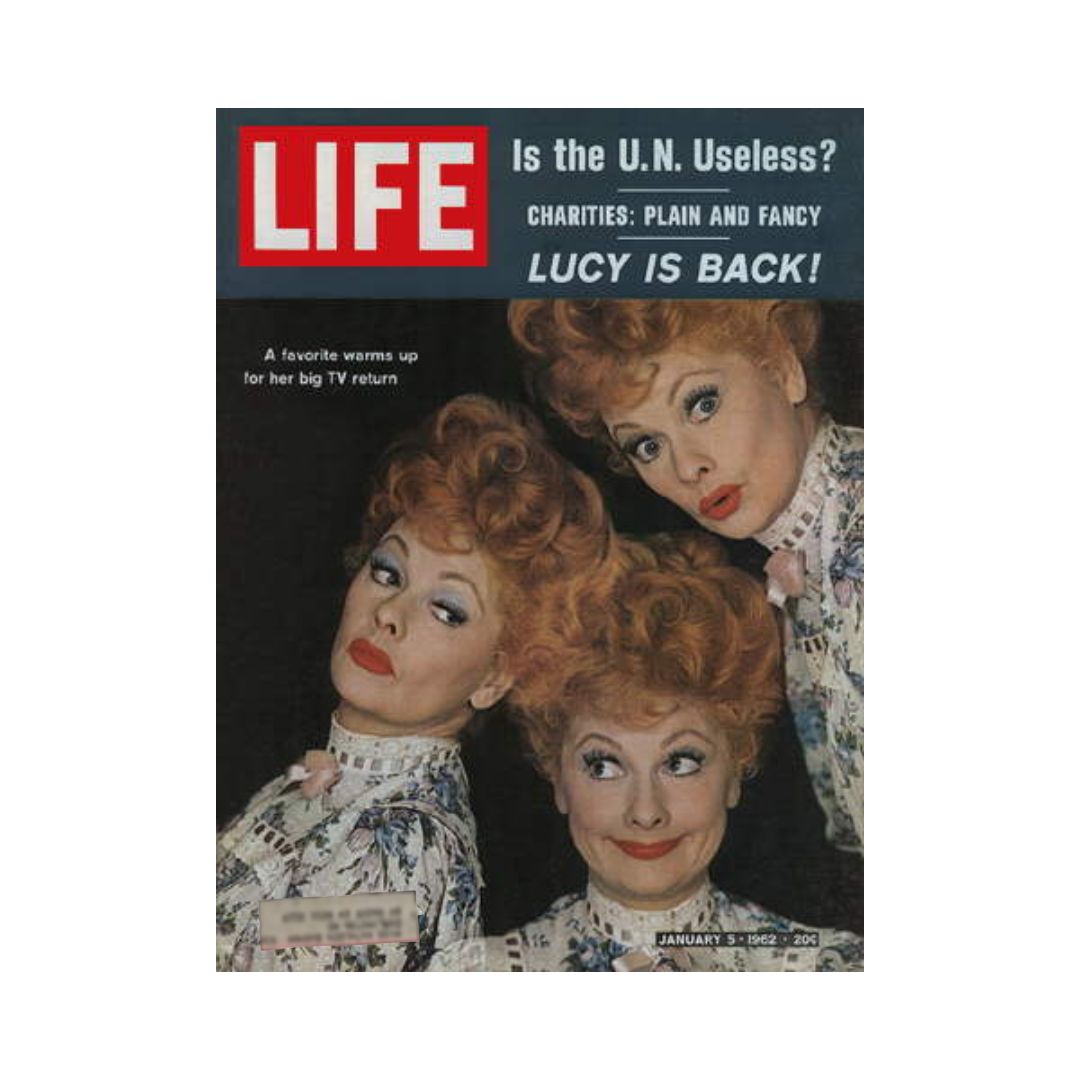 Vintage Life Magazine cover from January 5, 1962 featuring Lucille Ball, promoting her return to television with the title 'Lucy Is Back!' The magazine also includes articles on the U.N. and various charities.