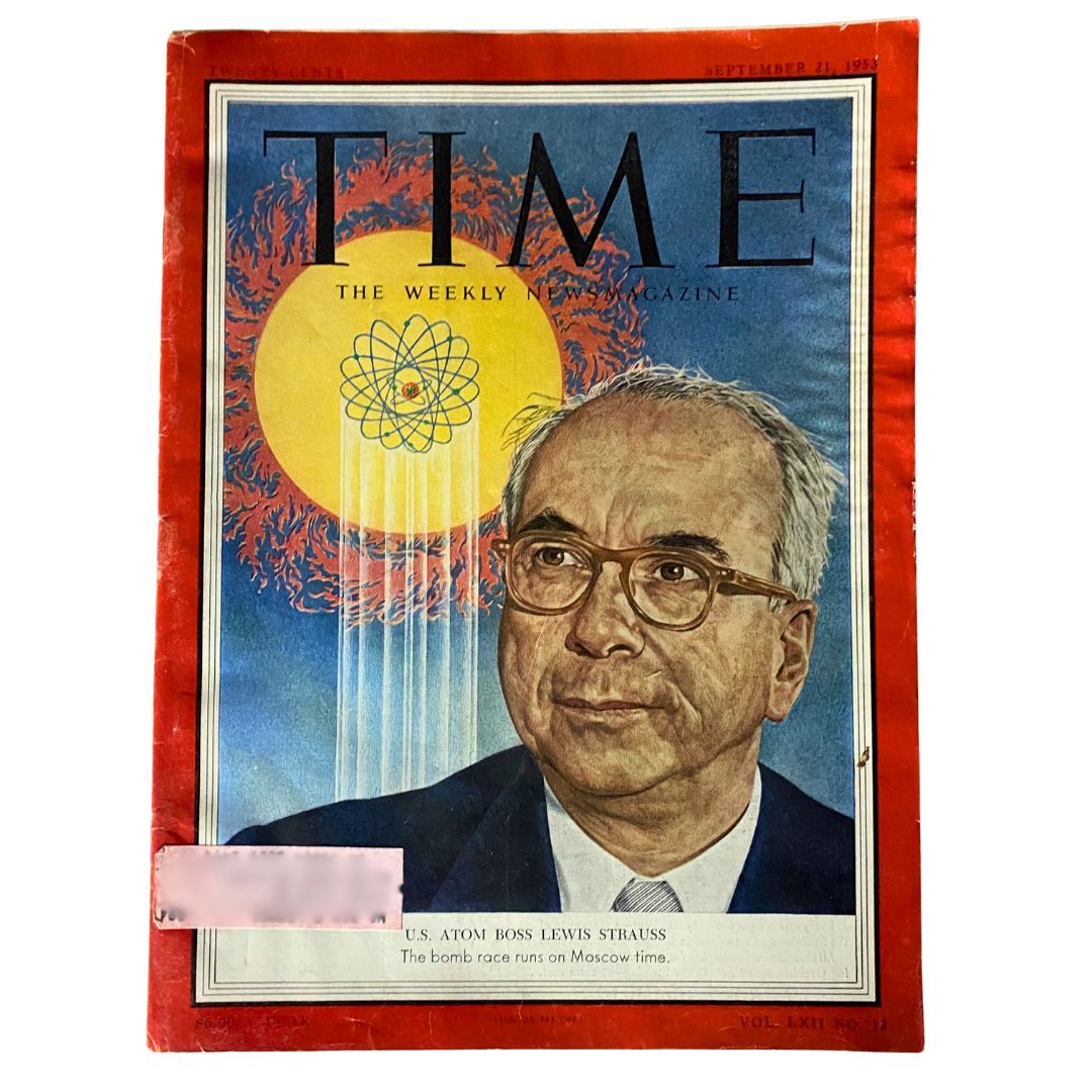 VTG Time Magazine featuring U.S. Atom Boss Lewis Strauss on the cover, dated September 21, 1953, Volume 62, Number 12.
