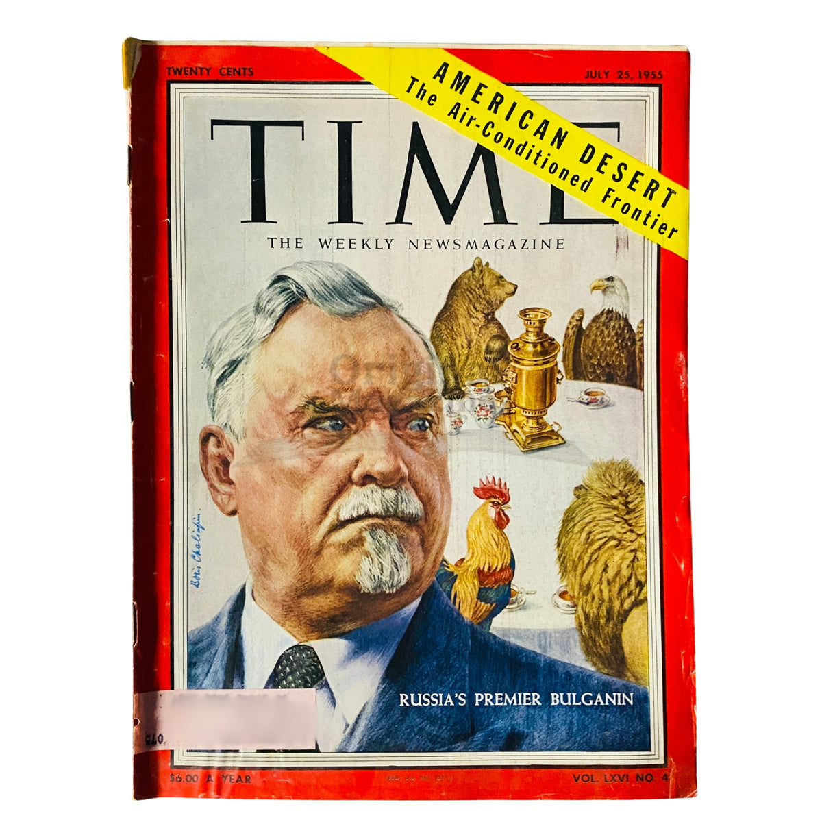 Cover of Time Magazine July 25, 1955, Vol 66 No. 4 featuring Russia's Premier Nikolai Bulganin, showcasing Cold War themes and vintage design.