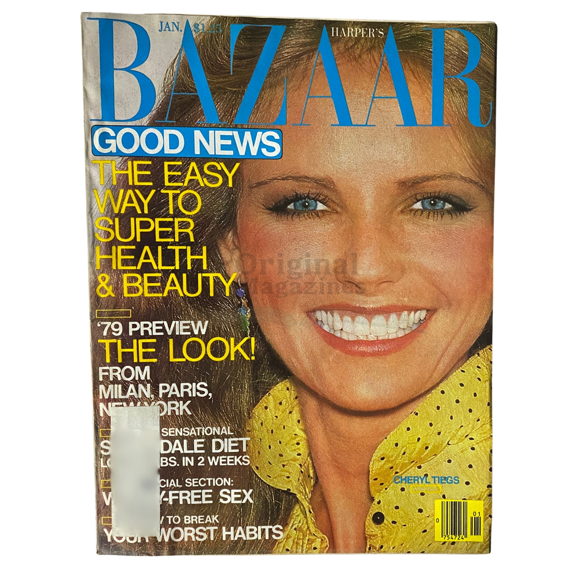 Cover of Harper's Bazaar Magazine January 1979 featuring the article 'Good News: The Easy Way to Super Health & Beauty' with Cheryl Tiegs smiling.