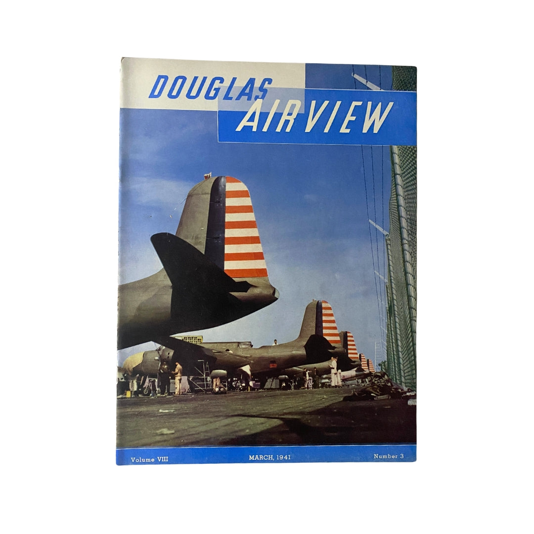 Cover of Douglas Airview Magazine March 1941 featuring vintage military aircraft with striped tails, highlighting the theme of Manpower - Jobs for Defense.