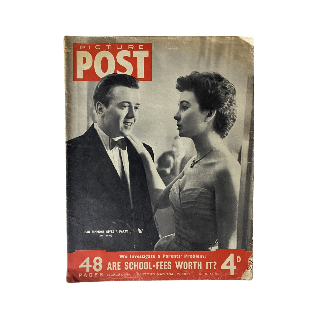 Cover of the VTG Picture Post Magazine from January 28, 1950 featuring Jean Simmons. The magazine showcases a classic black and white image of Jean Simmons dressed elegantly alongside a male figure. It highlights topics like school fees with the tagline 'Are School-Fees Worth It?' and is a collectible piece reflecting post-war Britain.