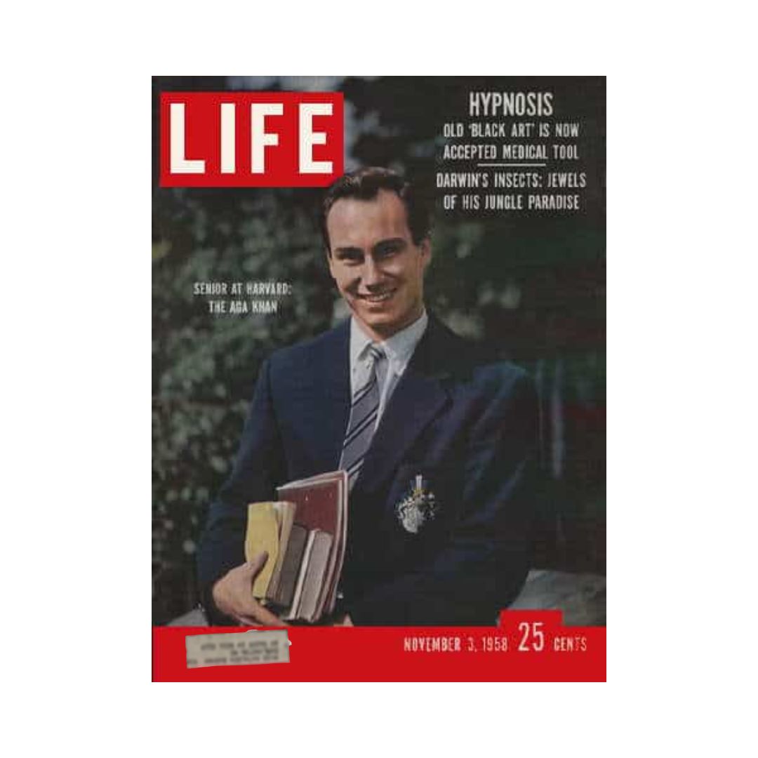 Cover of VTG Life Magazine from November 3, 1958 featuring The Aga Khan as Senior at Harvard, showcasing the magazine's iconic red title and articles on hypnosis and Darwin's insects.