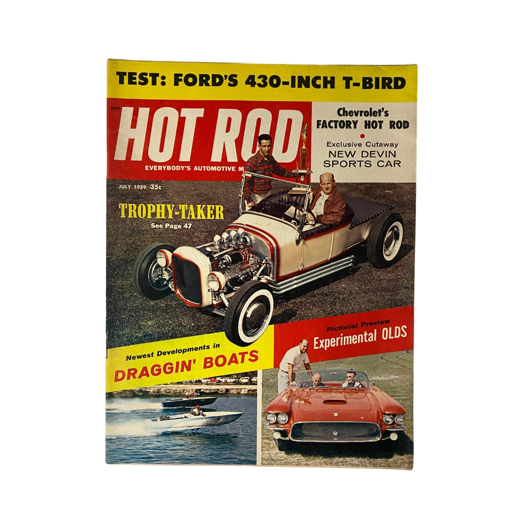 Cover of VTG Hot Rod Magazine July 1959 featuring Chevrolet's Factory Hot Rod, showcasing a classic car with two men in a vintage setting.