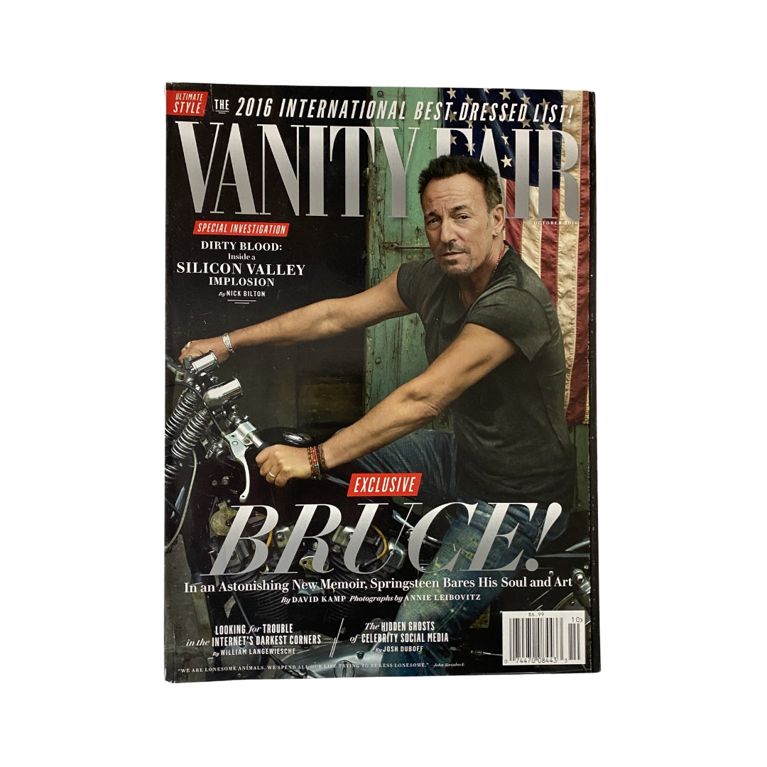 Vanity Fair October 2016 Bruce Springsteen Cover featuring an iconic image of Bruce Springsteen on a motorcycle, highlighting his influence and legacy in music.