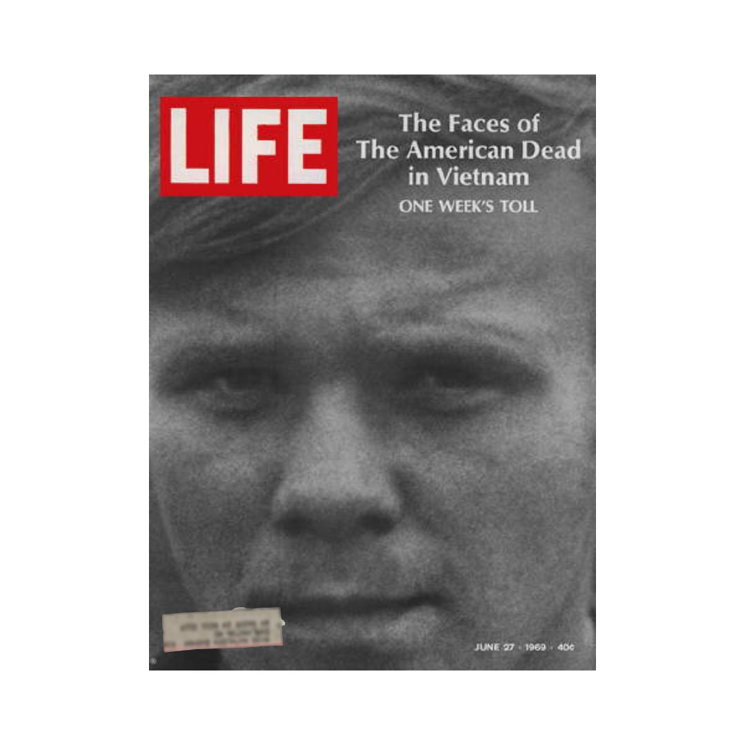 Cover of VTG Life Magazine dated June 27, 1969, featuring the title 'The Faces of The American Dead in Vietnam.' The image highlights a solemn soldier's face, emphasizing the impact of the Vietnam War as it documents one week's toll of fallen servicemen.