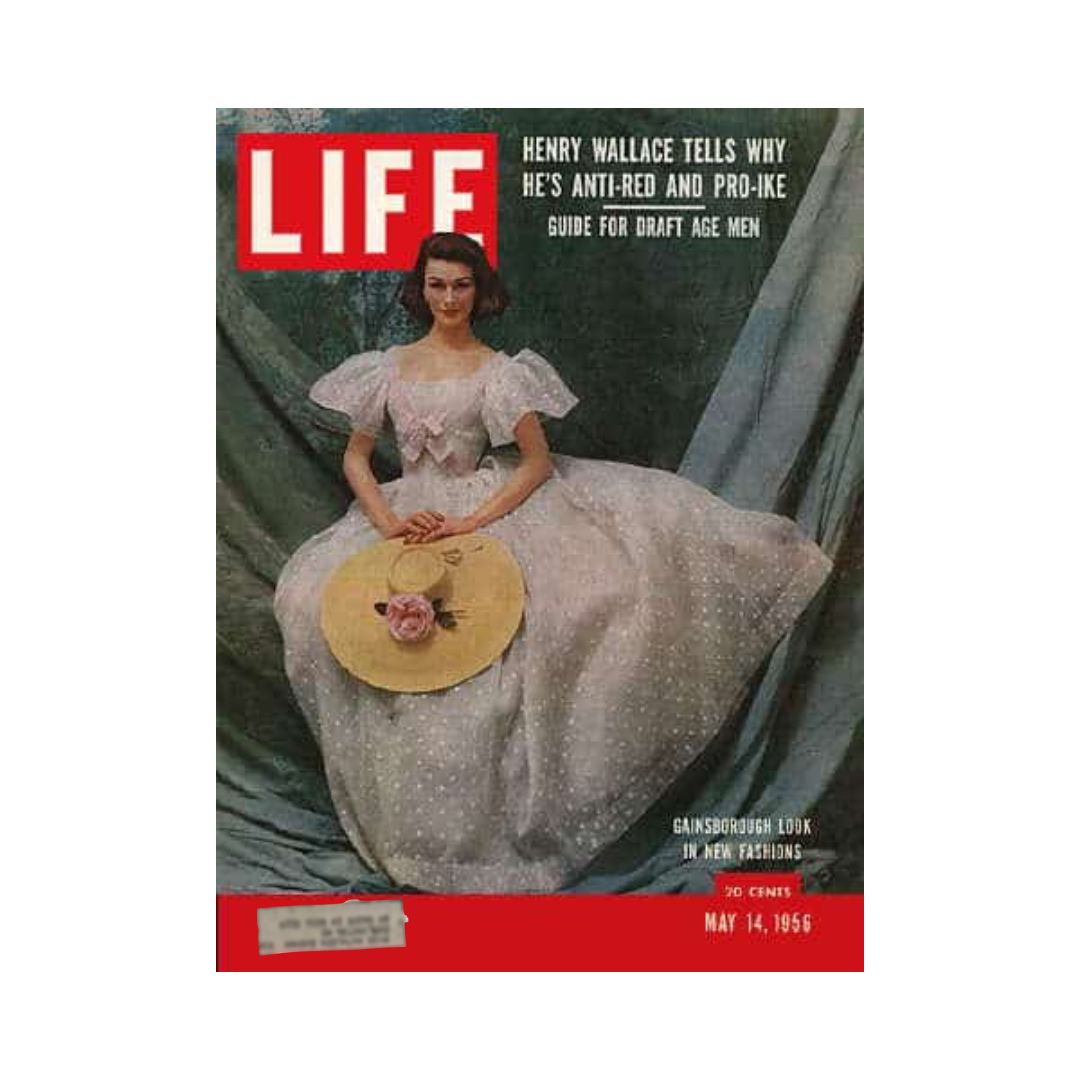 Cover of VTG Life Magazine from May 14, 1956, featuring the 'Gainsborough Look in New Fashion', showcasing a model in a white polka dot dress with a wide-brimmed hat.