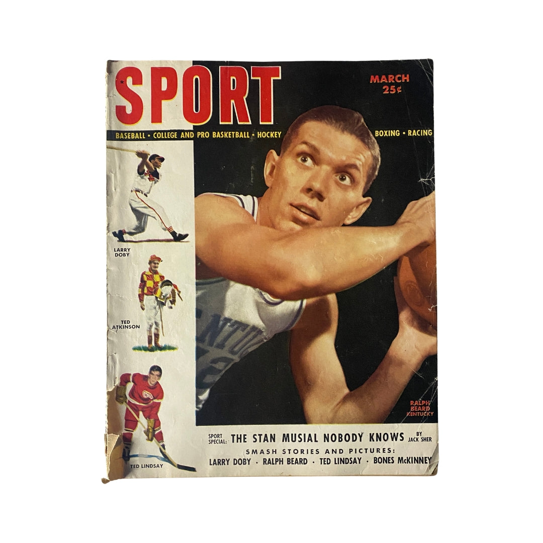 Sport Magazine March 1949 featuring Ralph Beard of Kentucky on the cover, showcasing a dynamic basketball pose, with additional mentions of prominent athletes such as Larry Doby and Ted Lindsay.