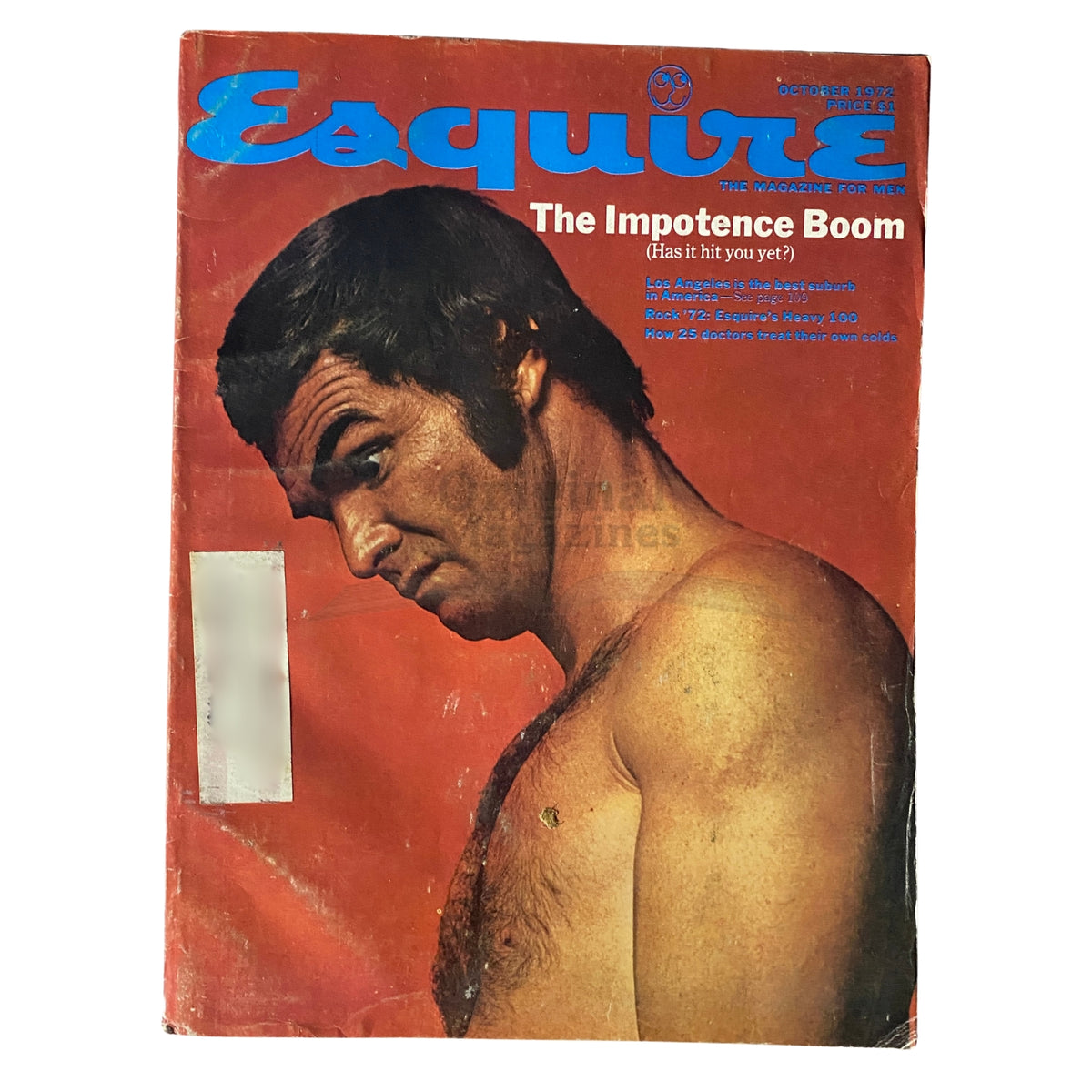 Esquire Magazine October 1972 cover featuring 'The Impotence Boom' headline. The cover showcases a portrait of a man with a serious expression, reflecting the magazine's focus on male health and societal perceptions during the early 1970s.