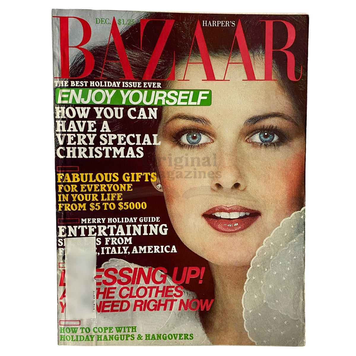 Cover of Harper's Bazaar Magazine December 1977 featuring Cristina Ferrare, showcasing festive holiday themes and fashion trends.