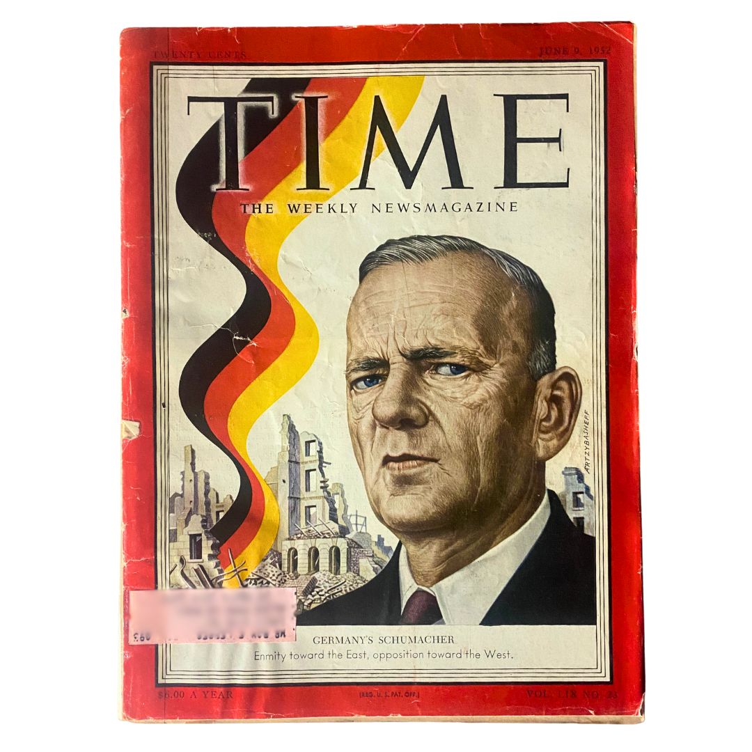 Vintage Time Magazine cover from June 9, 1952, featuring Kurt Schumacher and wartime imagery, Vol 59 No. 23.