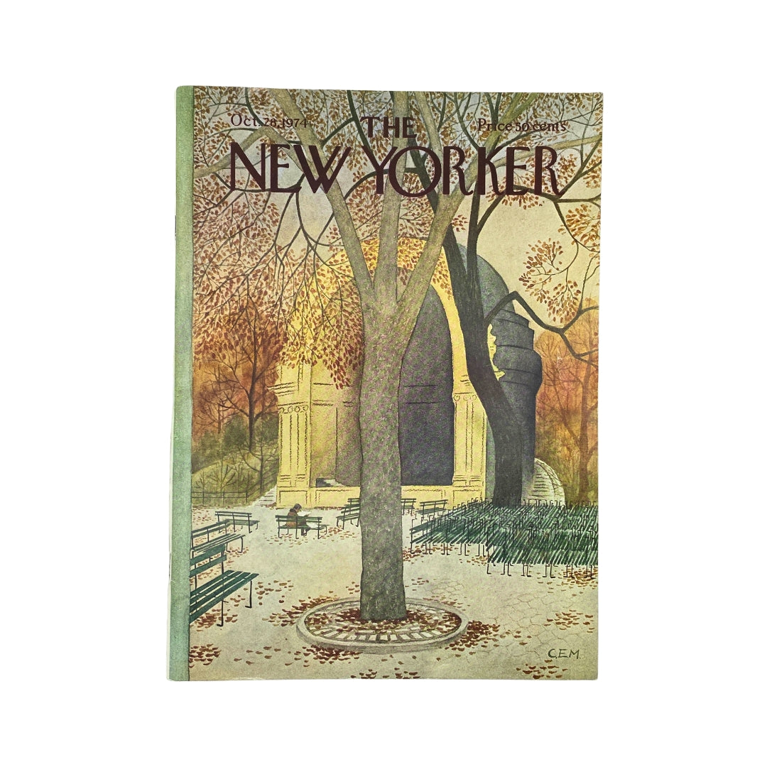 The New Yorker magazine cover from October 28, 1974, featuring an autumnal park scene with colorful leaves and benches, designed by Charles E. Martin.