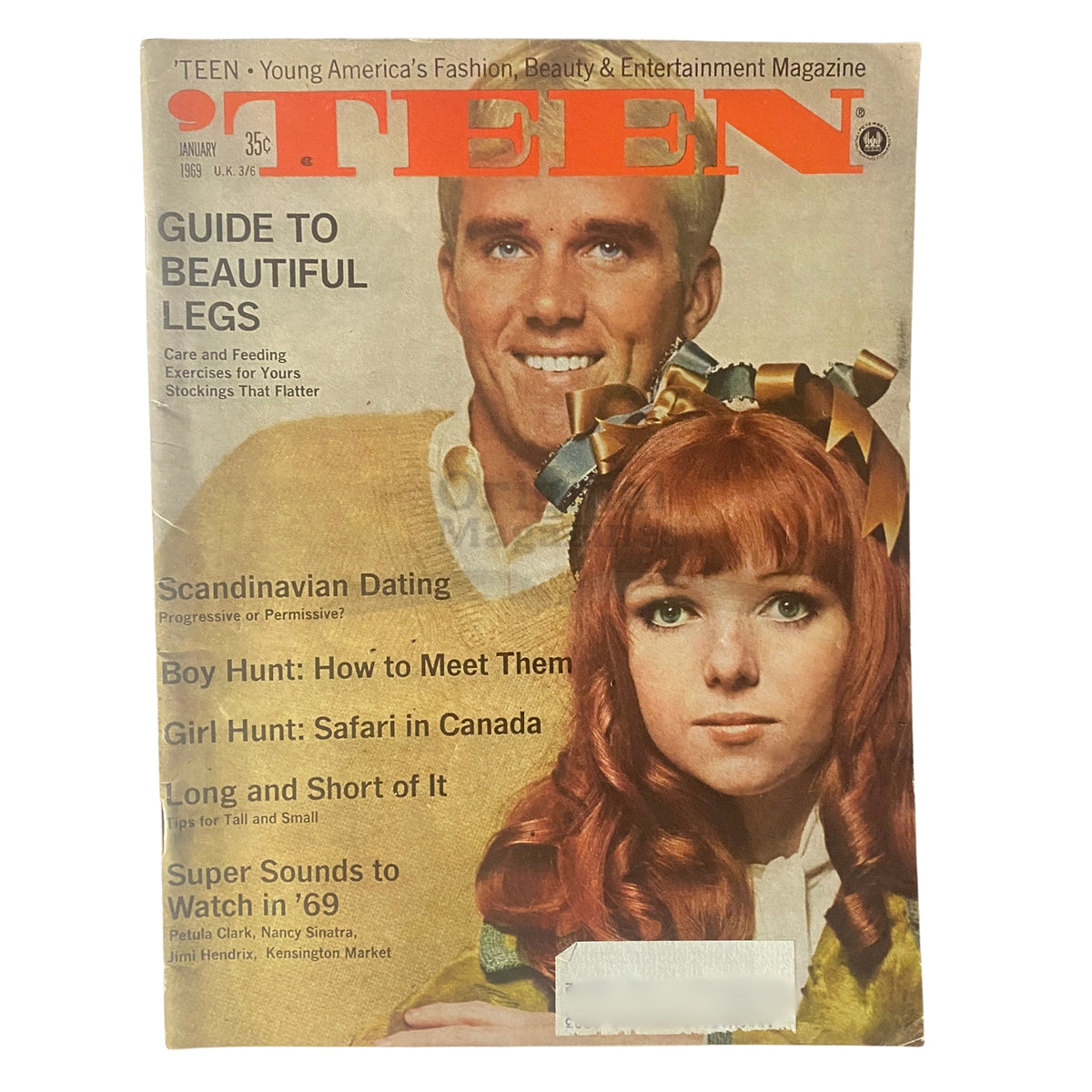 Teen Magazine January 1969 cover featuring a beauty guide with a young couple, showcasing articles like 'Guide to Beautiful Legs' and 'Girl Hunt: Safari in Canada'.